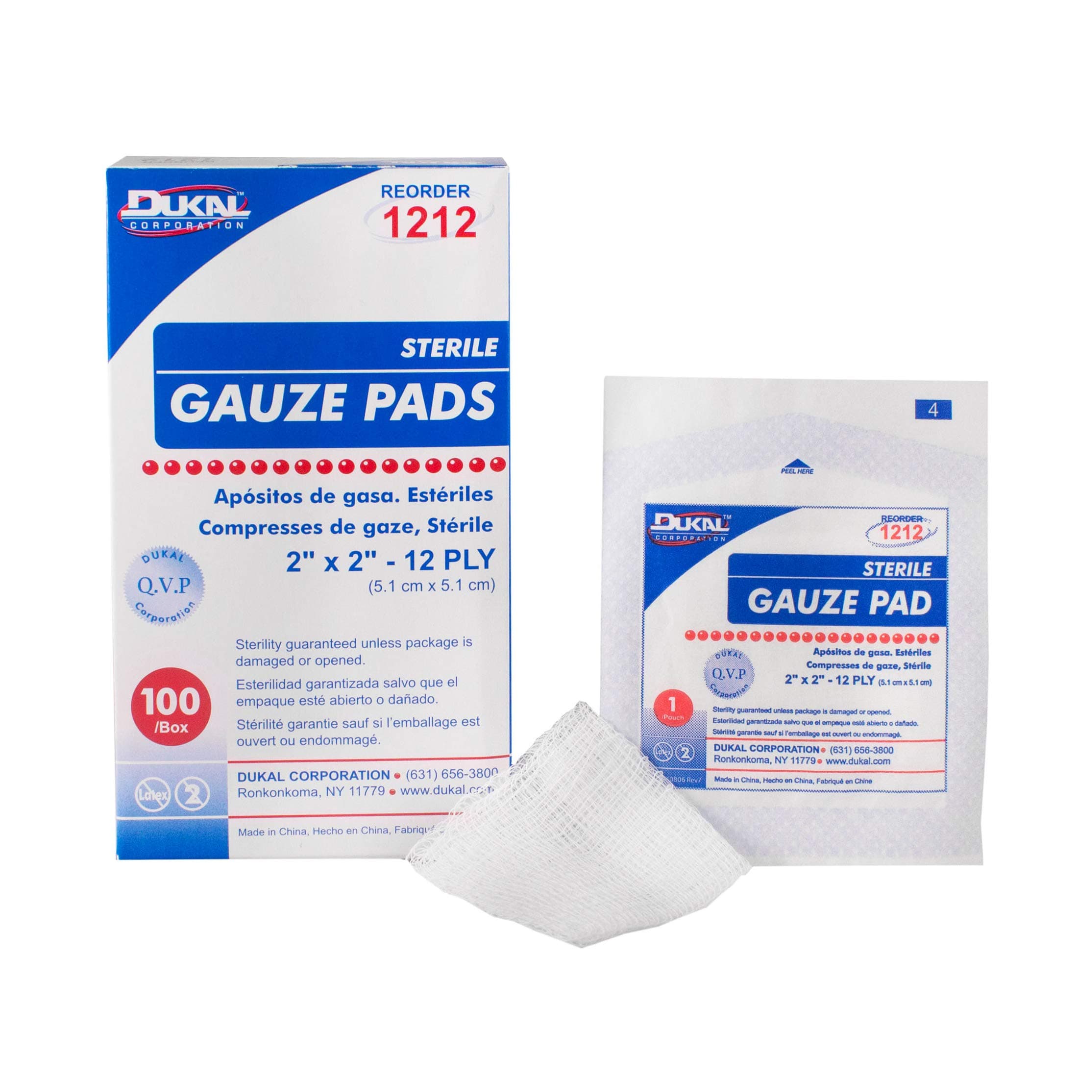 Dukal, Sterile Gauze Pads, 2" x 2", 12 Ply, 100 per Box White