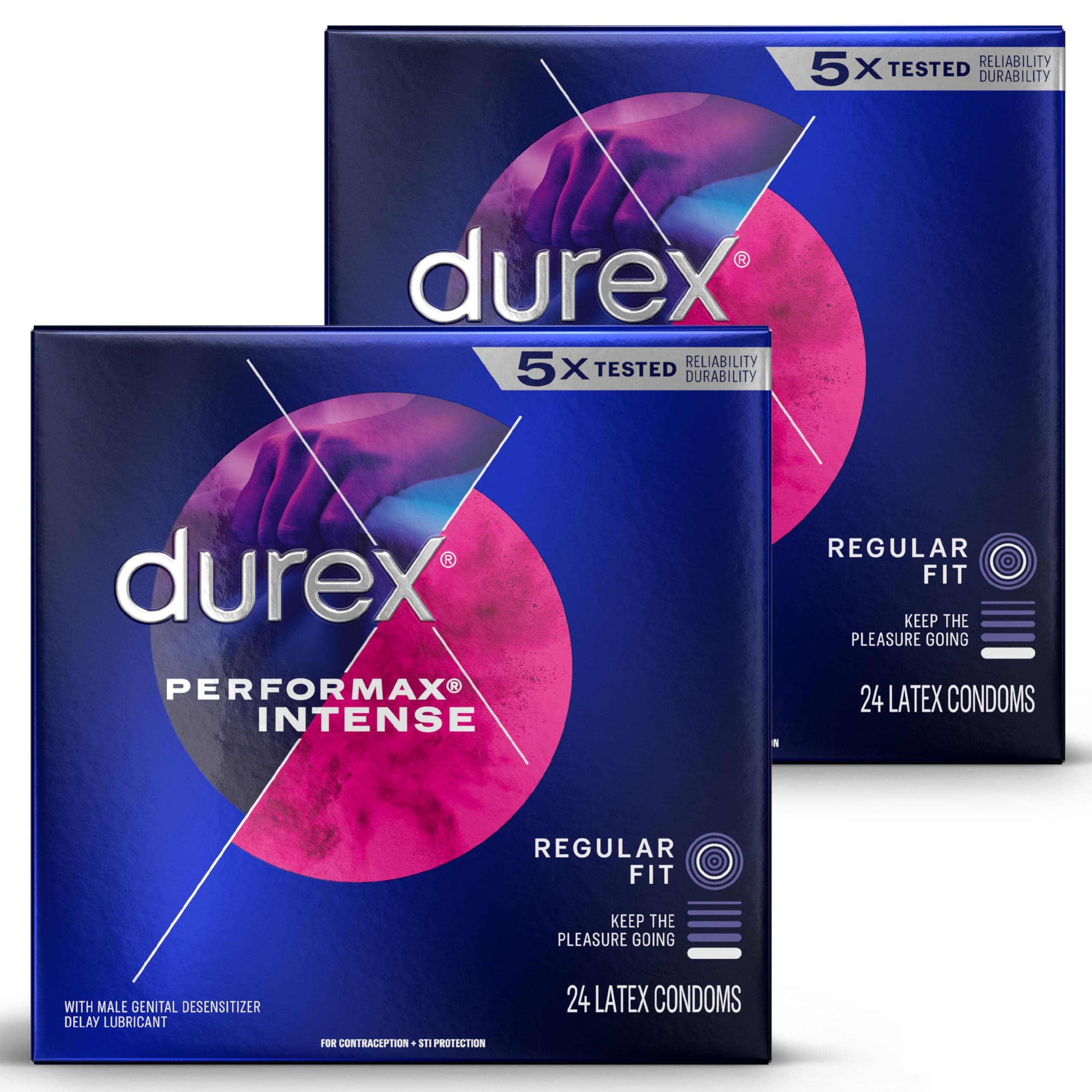 Durex Performax Intense Natural Rubber Latex Ultra Fine Ribbed Condoms, Regular Fit, 48 Count (2 Pack), Contains Desensitizing Lube for Men, (Packaging May Vary)
