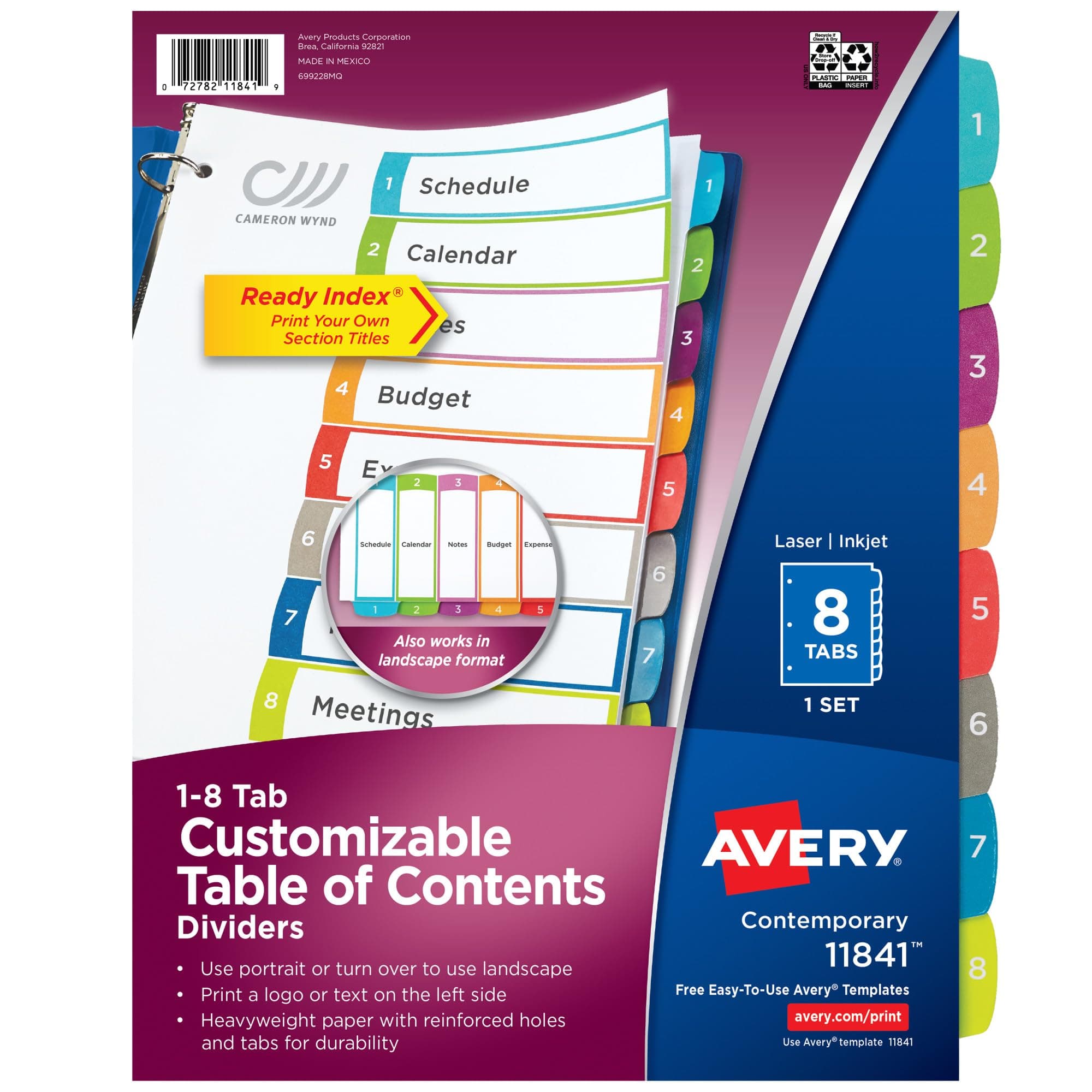 Avery Dividers for 3 Ring Binders, 8 Tabs per Set, Customizable Table of Contents, Multicolor Arched Tabs, Great for Organizing Reports, Projects, and More (11841)