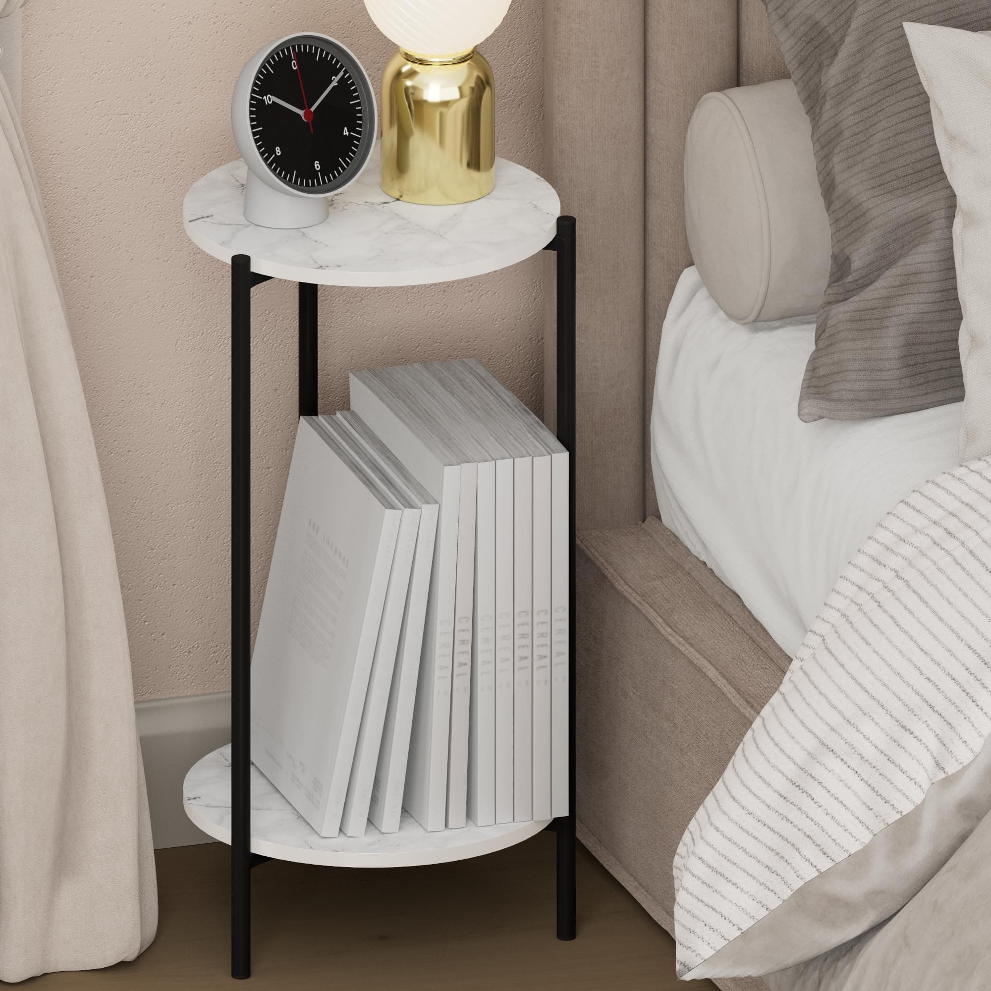Furinno BESI Night Stand, 2-Tier Tall Round Nightstand, Metal Frame Narrow End Table with Open Shelf, Side Table, Bedside Table, for Bedroom, Closet, Dorm, Marble White