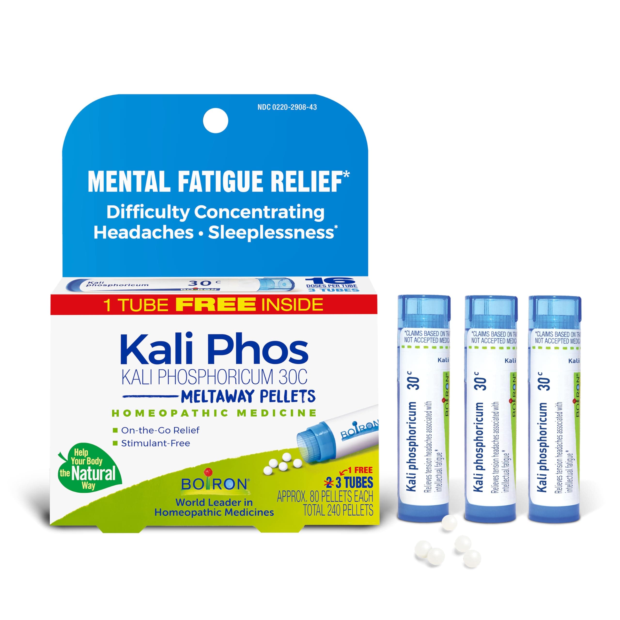 Boiron Kali Phosphoricum 30C Homeopathic Medicine for Headaches, Sleeplessness, Mental Fatigue, and Concentration Difficulties - 3 Count (240 Pellets)