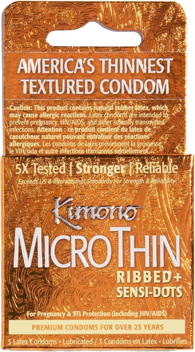 Kimono MicroThin Condoms Ribbed and Sensi Dots Studded for Enhanced Pleasure, Barely There Sensitivity for Natural Real Feel, Experience Everything, Thin Lubricated Condom, Natural Latex Color, 3 Ct
