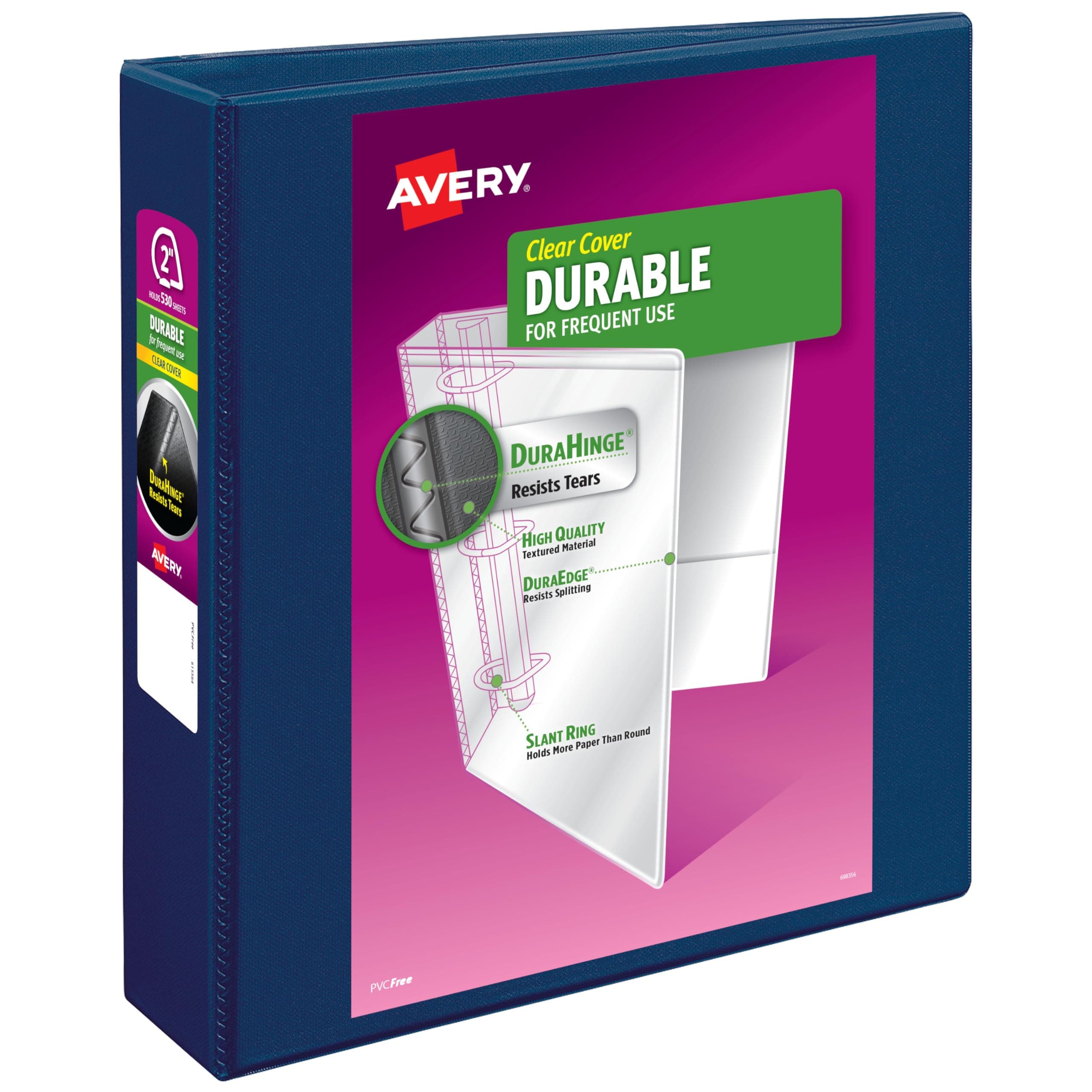 AVERY Durable View Binder, 2" Slant Rings, 500-Sheet Capacity, DuraHinge, Dark Blue (17034)