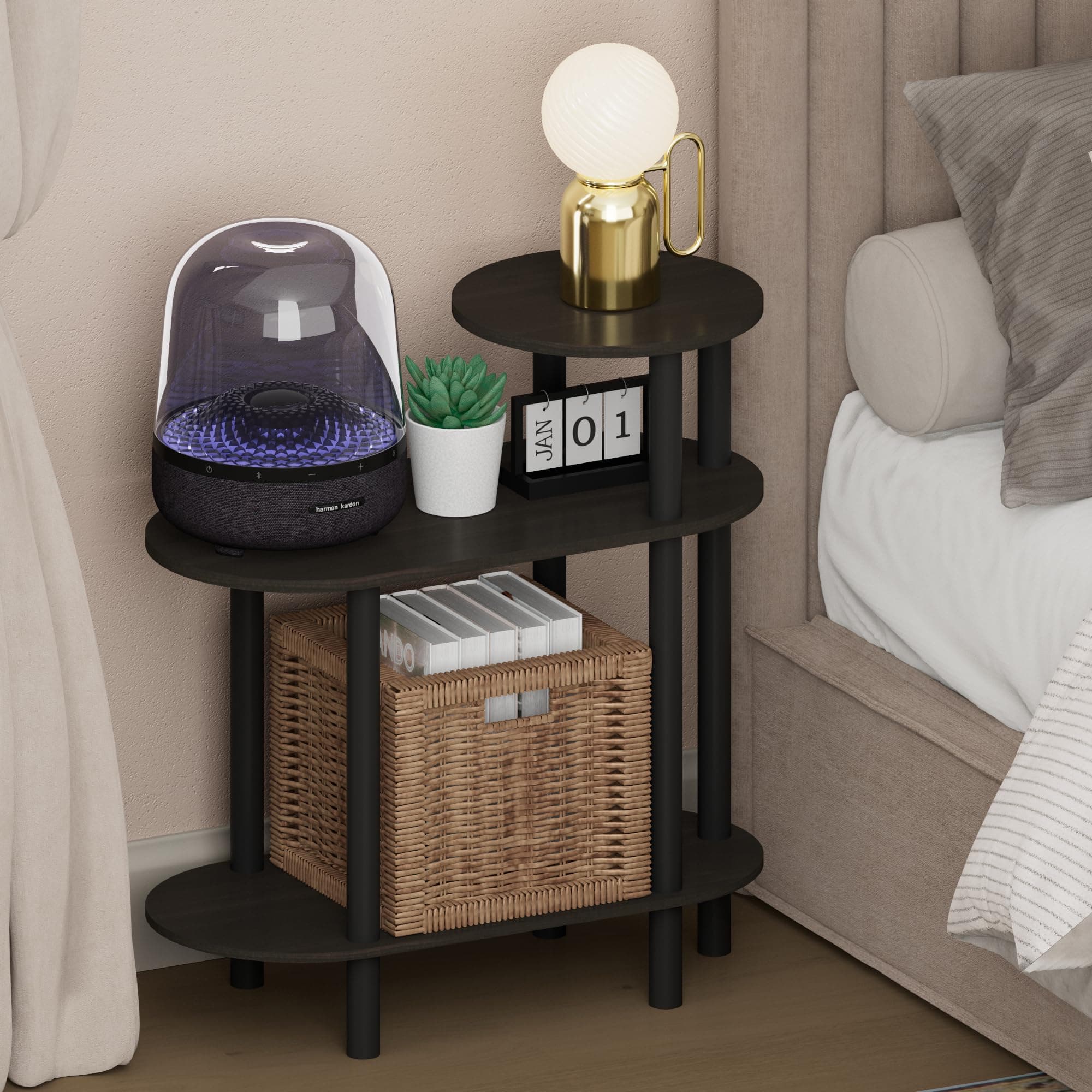 Furinno Turn-N-Tube Night Stand, 3-Tier Oval Sofa Nightstand with Open Shelf, Toolless Assembly Narrow End Table, Side Table, Bedside Table, for Bedroom, Closet, Dorm, Espresso