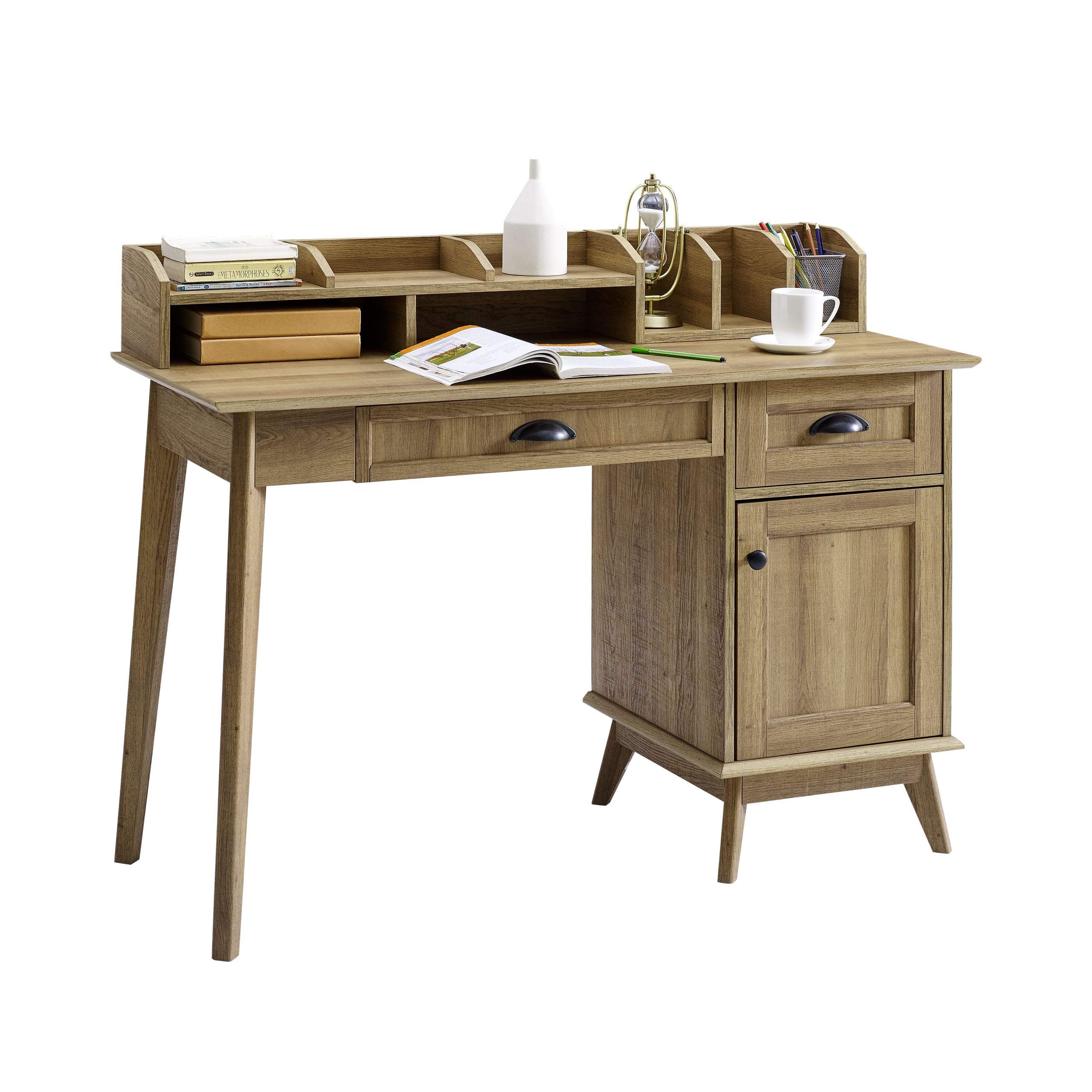 Newport Series Home Office Writing Computer Desk With Hutch| Storage Drawers and Cabinet | Sturdy and Stylish |Easy Assembly | Laptop PC Workstation | Golden Oak Wood Look Accent Living Room Furniture