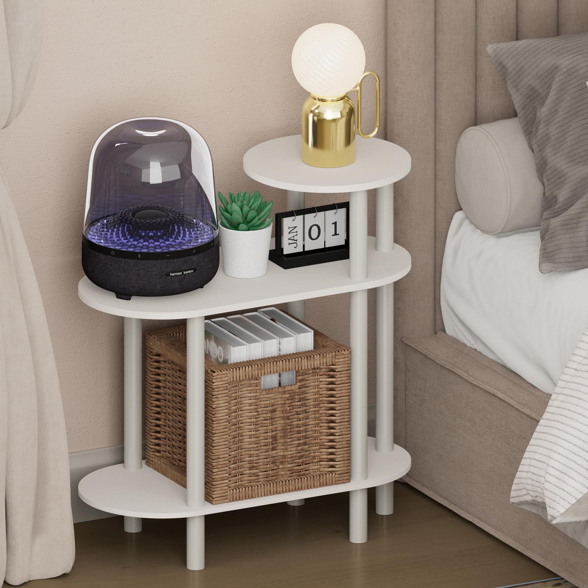 Furinno Turn-N-Tube Night Stand, 3-Tier Oval Sofa Nightstand with Open Shelf, Toolless Assembly Narrow End Table, Side Table, Bedside Table, for Bedroom, Closet, Dorm, White