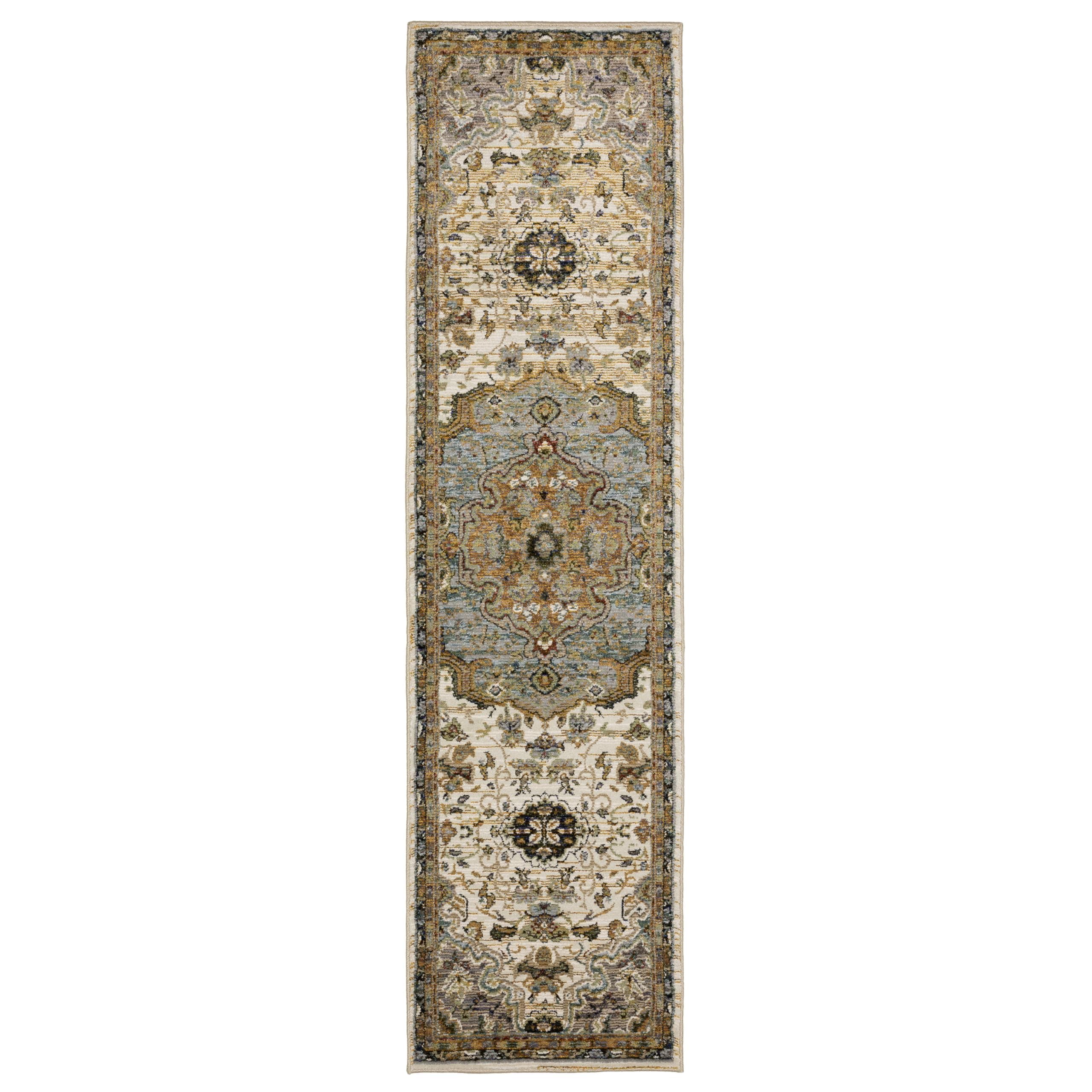 Oriental Weavers Andorra Area Rug - 2451B - 2'3" x 8' - in Ivory/Blue - Vintage Inspired, Stain Resistant, Family and Pet Friendly, Entryway, Hallway Runner Rug