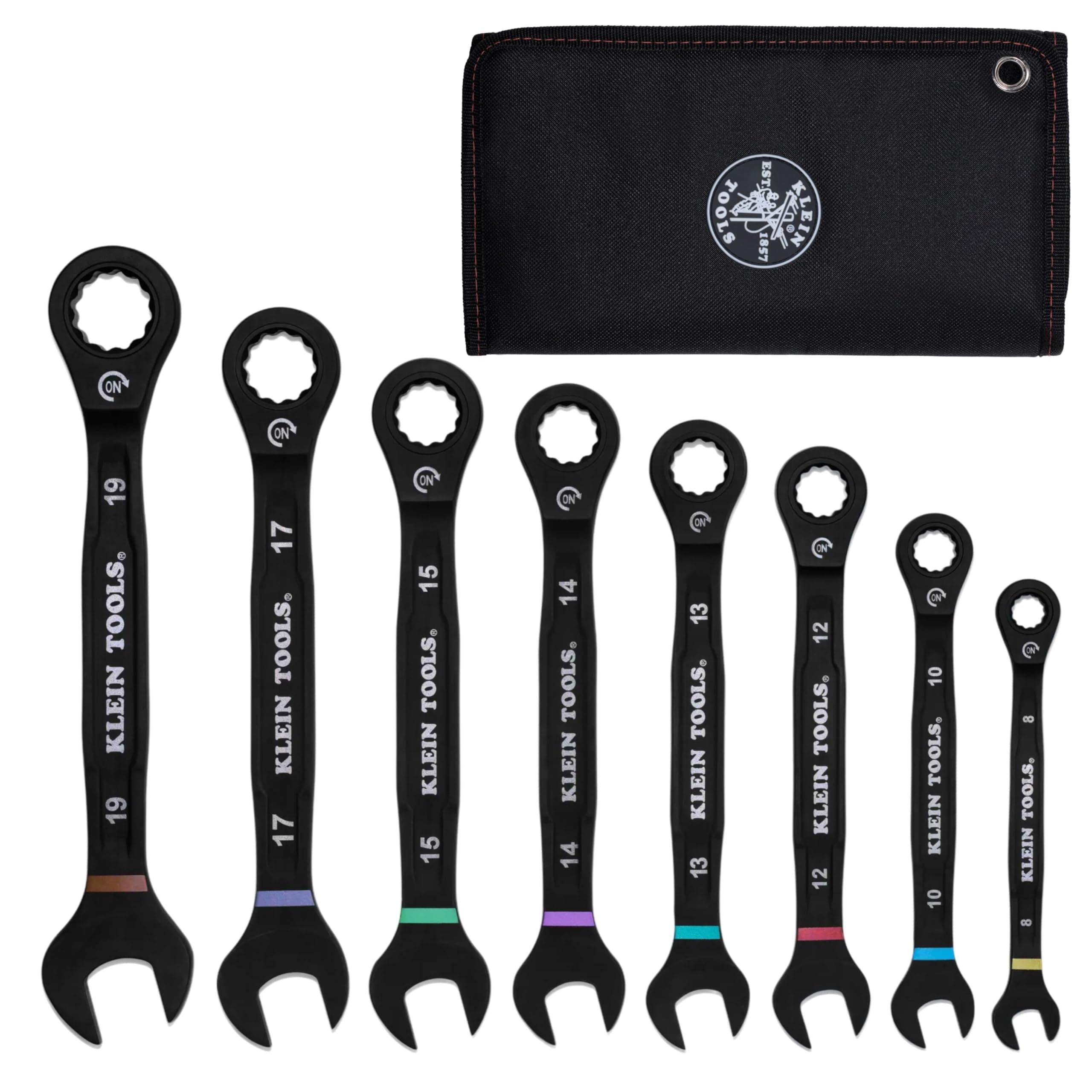 Klein Tools 69408MG Ratcheting Combination Wrench Set, Metric, 8-Piece, 8 to 19 mm, Steel Alloy, Foam Pouch, 90-Tooth