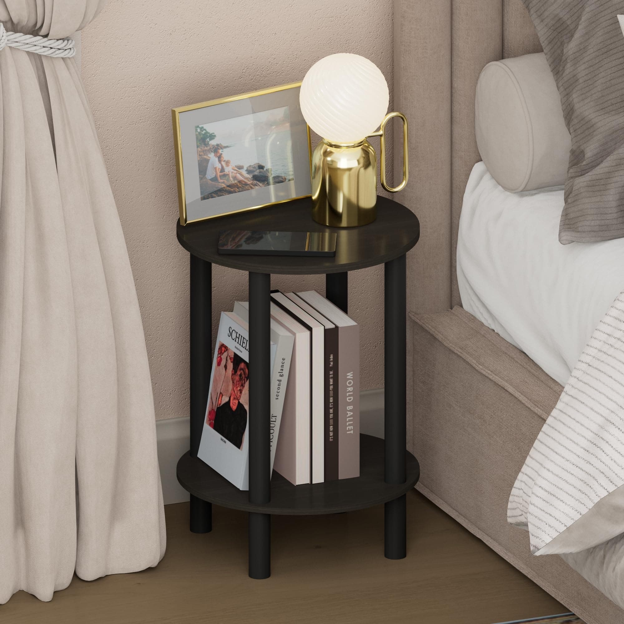 Furinno Turn-N-Tube Night Stand, 2-Tier Round Small Nightstand, Toolless Assembly Narrow End Table with Open Shelf, Side Table, Bedside Table, for Bedroom, Closet, Dorm, Espresso