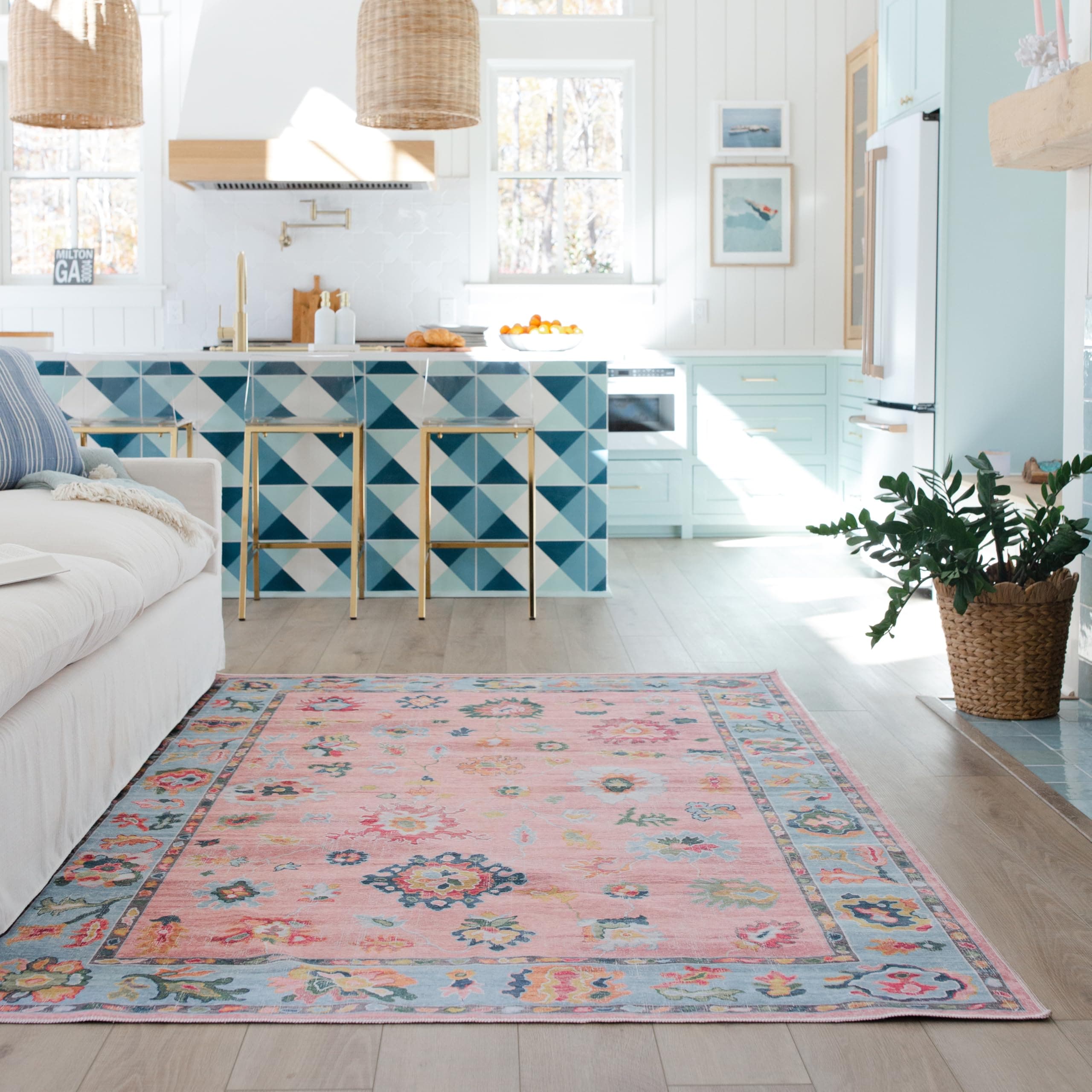 Oriental Weavers Addison ADD01 Machine Washable Flat Weave Printed Area Rug 3'3" x 5' in Pink/Blue Traditional Style, Nursery, Kids Room, Bedroom, Entryway