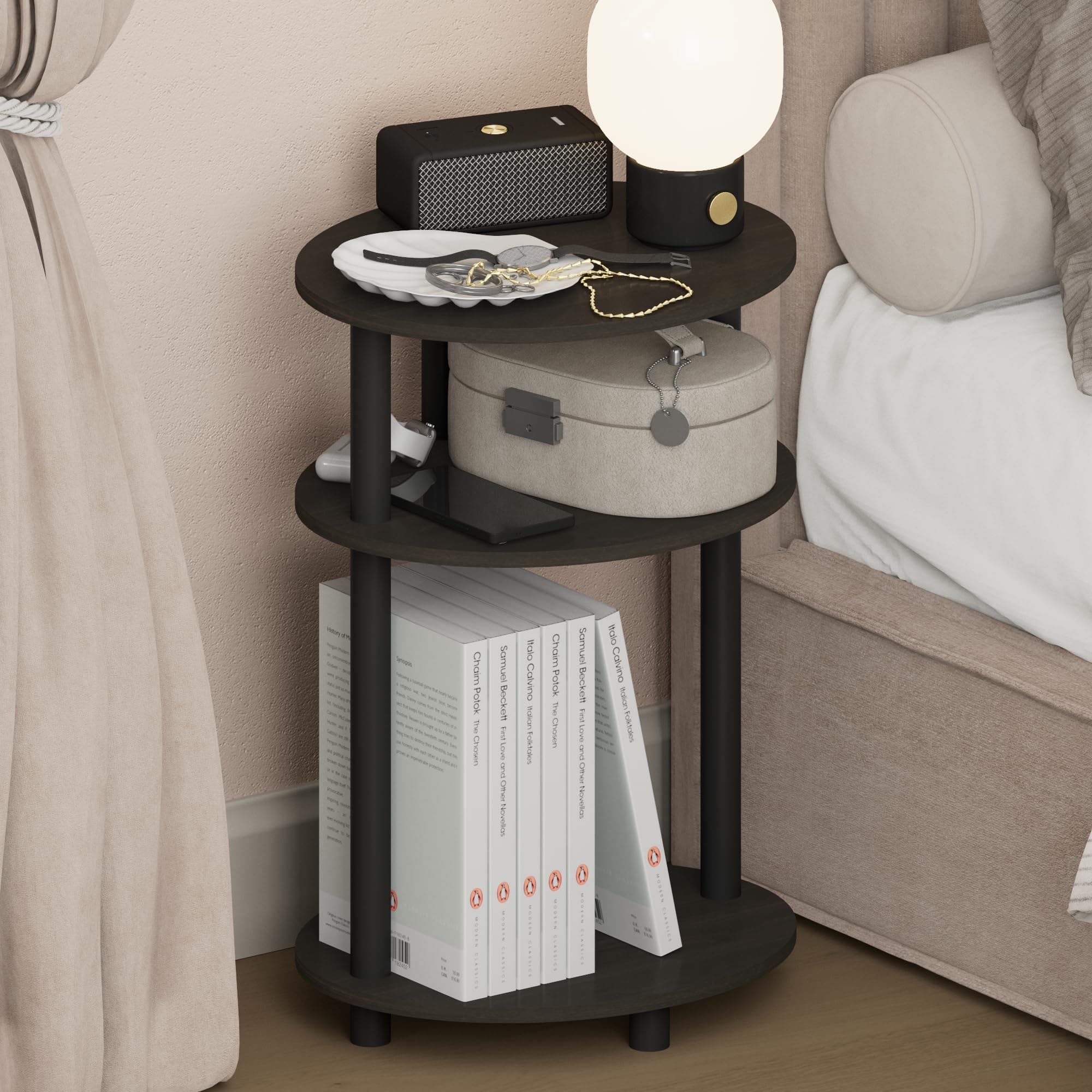 Furinno Turn-N-Tube 3-Tier Oval Night Stand, Toolless Assembly Narrow Nightstand, Modern Compact Side Table, End Table, for Living Room, Bedroom, Espresso