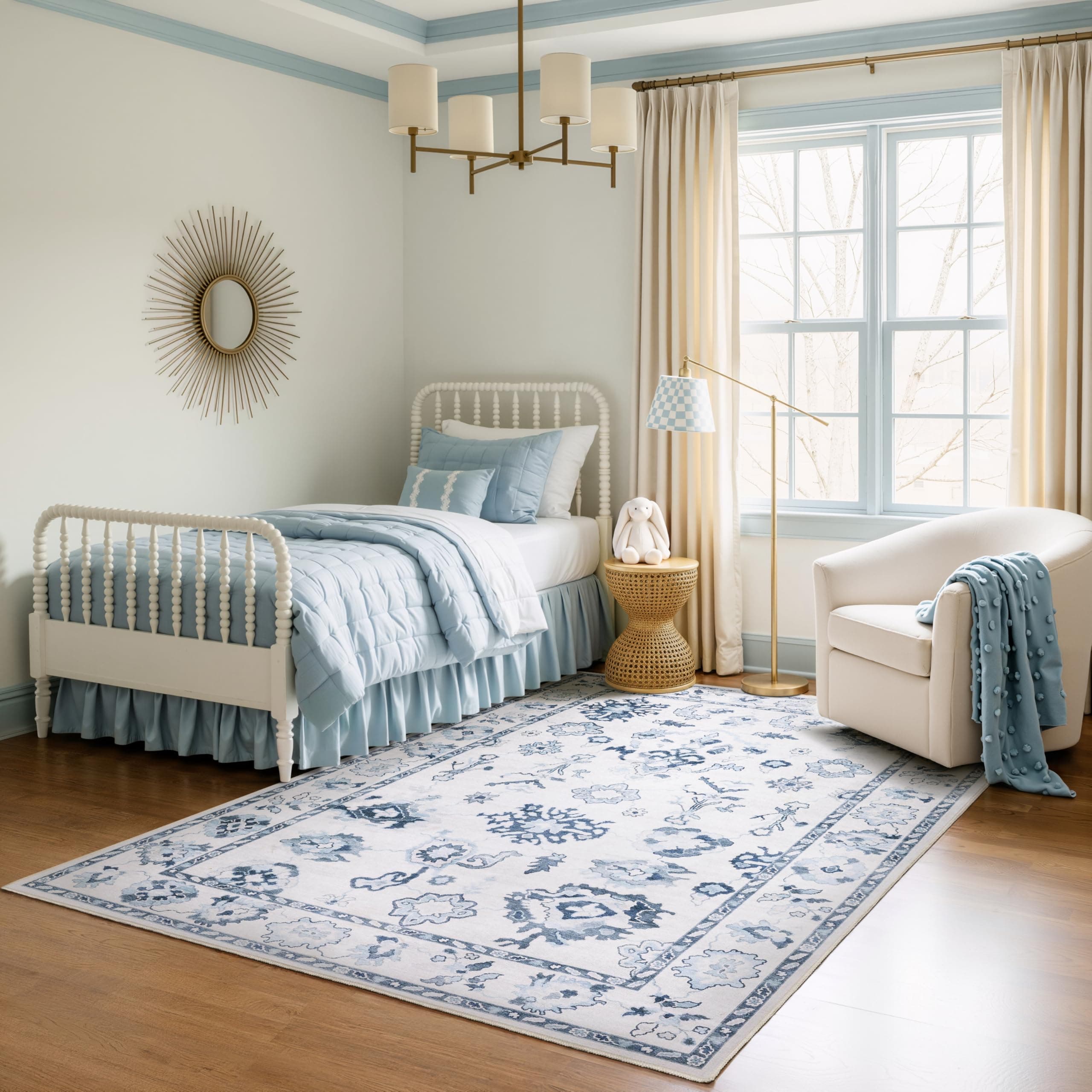 Oriental Weavers Addison ADD02 Machine Washable Flat Weave Printed Area Rug 6'7" x 9'2" in Ivory/Blue Traditional Style for Nursery, Kids Room, Bedroom, Dining Room