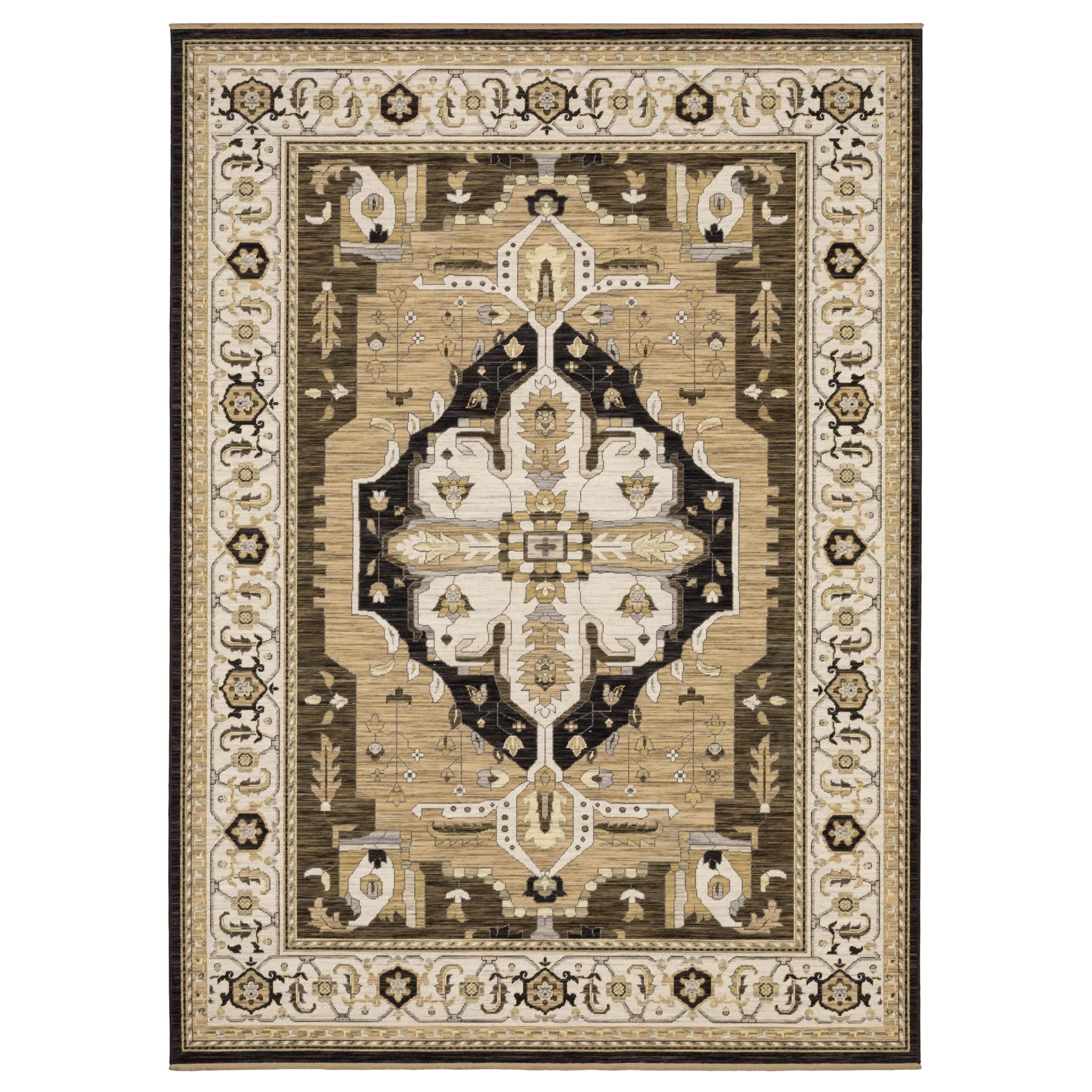 Oriental Weavers Acacia Machine Woven Area Rug - ACA08-3'3" x 5' - in Tan/Black - Traditional Style Bedroom, Bathroom, Entryway Rug