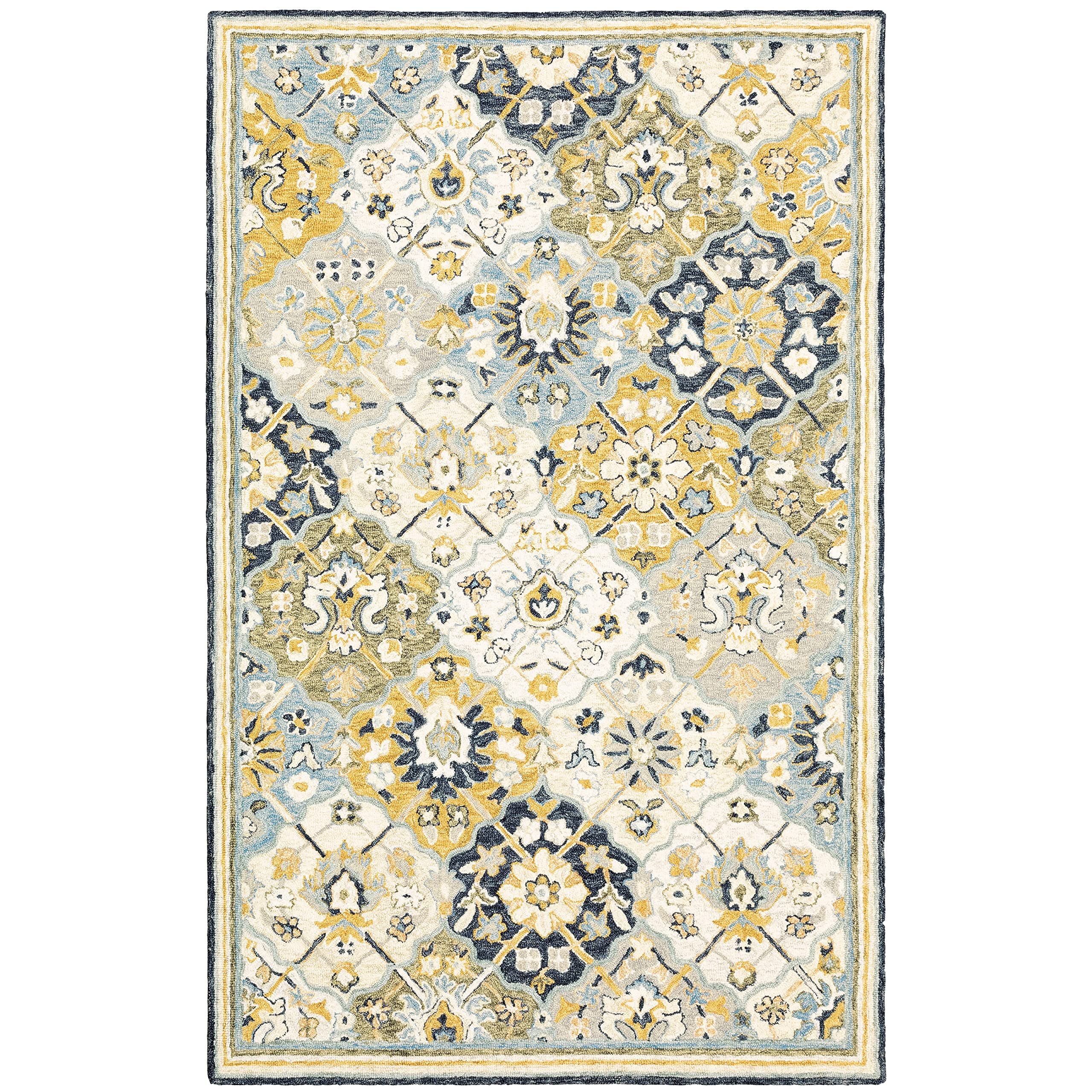 Oriental Weavers Alfresco Hand-Made Wool Area Rug - 28406-3'6" x 5'6" - in Blue/Gold - Vintage Inspired, Hand-Made Wool Rugs, Entrway, Bedroom Rug