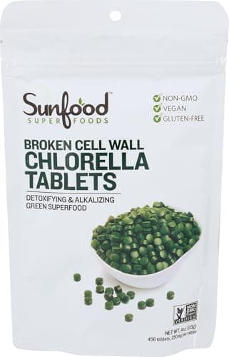 Sunfood Superfoods Broken Cell Wall Chlorella Tablets - Chlorophyll, Chlorella Green Algae Tablets for Women & Men, Source of Protein, Iron, Beta Carotene & B Vitamins, Non GMO, Vegan - 4 oz Bag