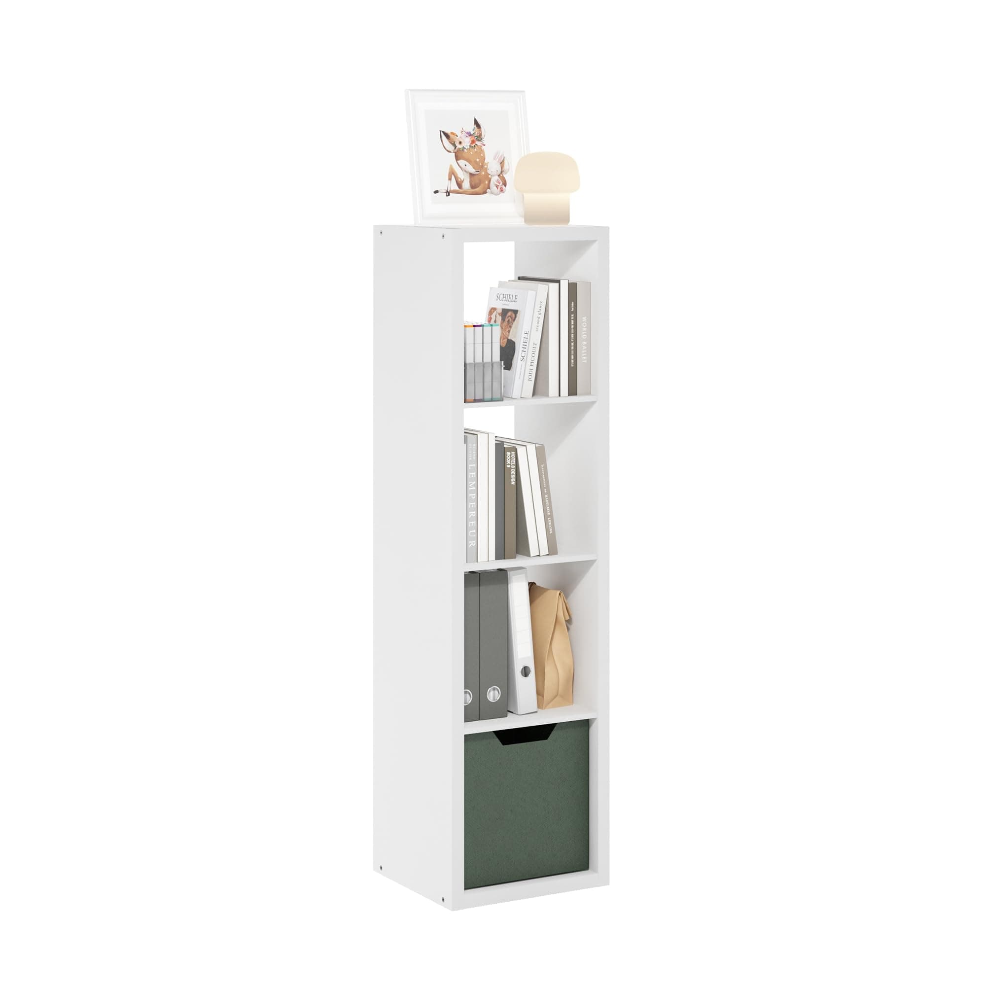 Furinno Cubicle Book Shelf, 4-Cube Vertical Thick Frame Bookshelf, Horizontally & Vertically Reversible Bookcase with Open Back, 14.6 x 15.9 x 58, for Living Room, Bedroom, Home Office, White
