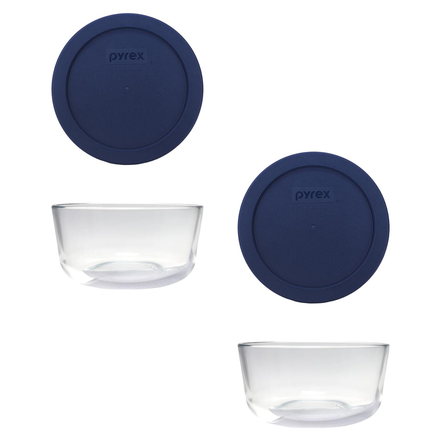 Pyrex (2 7201 4-Cup Glass Bowls with (2) 7201-PC Blue Lids - Made in USA