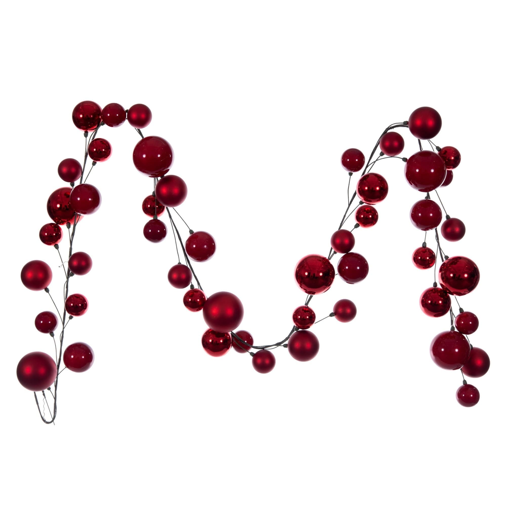 Vickerman 10' Red Ball Branch Garland. It has: Twenty-six 2.4-inch Ornaments, Fourteen 3-inch Ornaments, and Eight 4-inch Ornaments, for a Total of Forty-Eight Ornaments on The Garland.