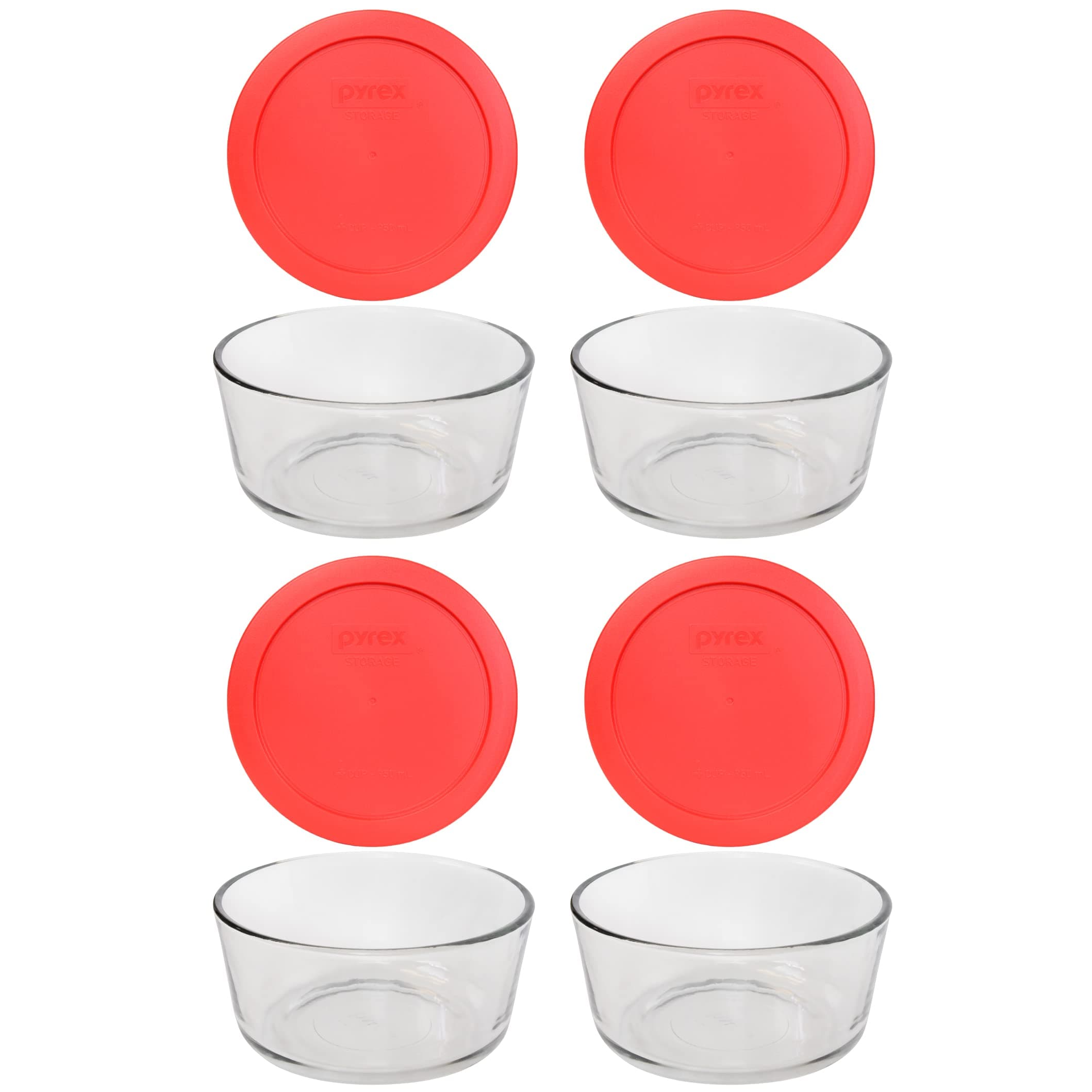 Pyrex 7201 4-Cup Glass Bowls With 7201-PC Red Lids (4-Pack) - Made in USA