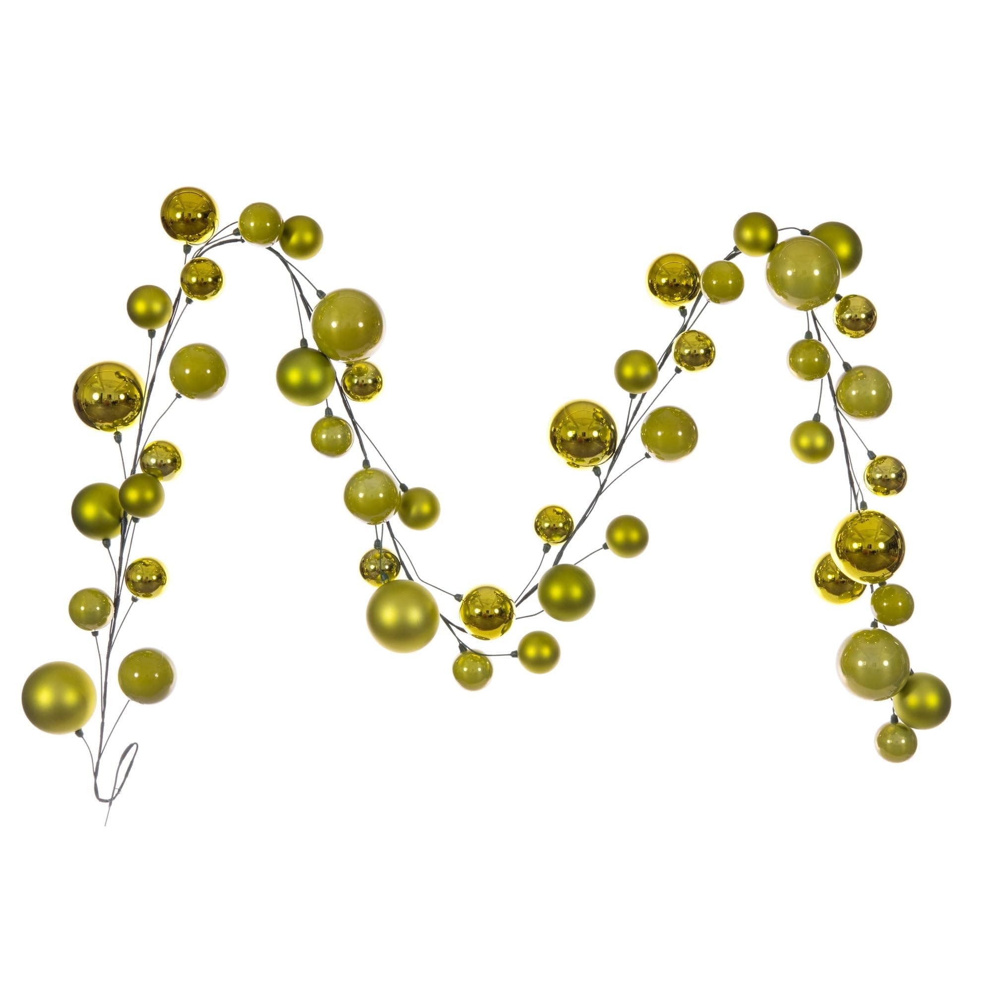 Vickerman 10' Lime Ball Branch Garland. It has: Twenty-six 2.4-inch, Fourteen 3-inch, and Eight 4-inch Ornaments, for a Total of Forty-Eight on the Garland.