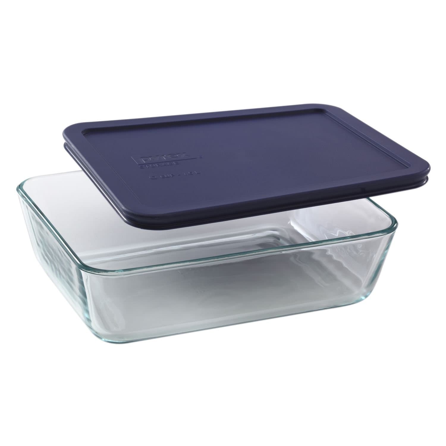 Pyrex 7211 6-Cup Rectangular Glass Dish With Dark Blue Lid - Made in USA