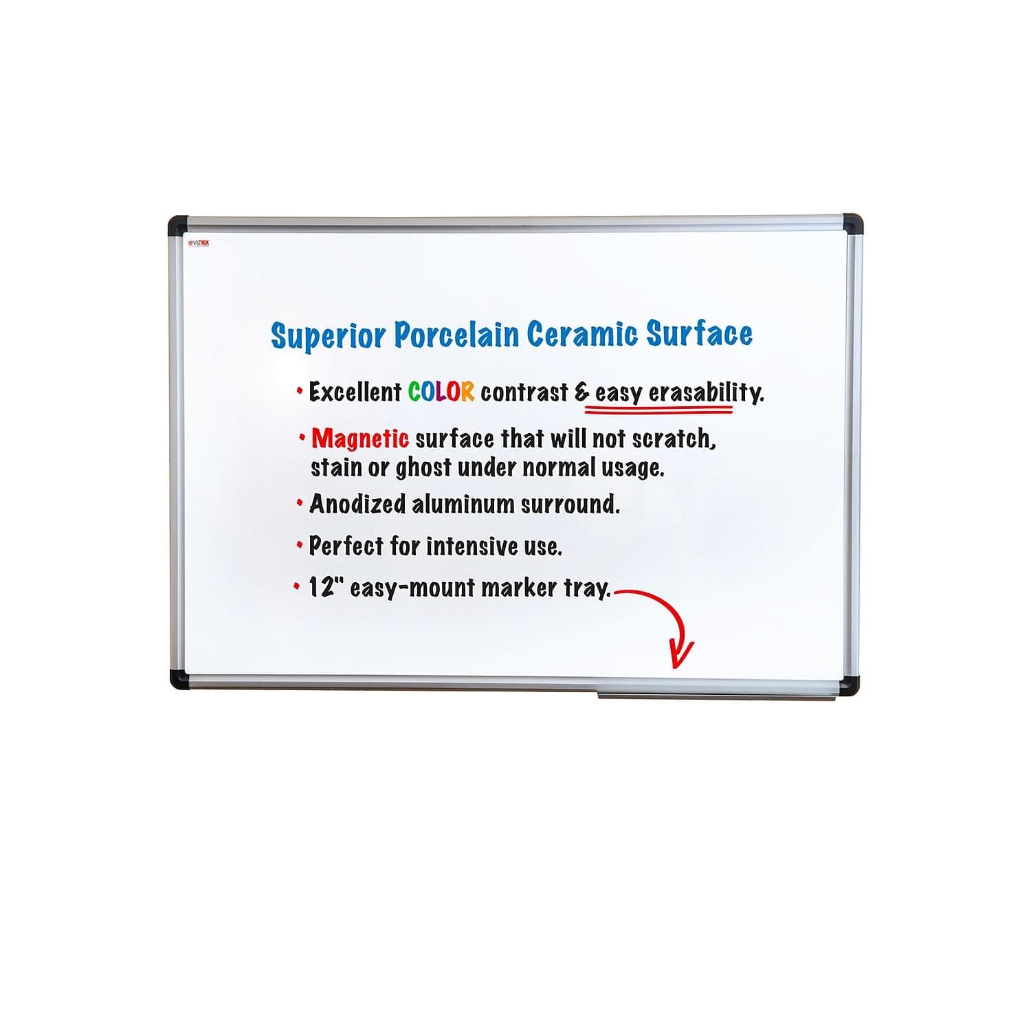 Floortex "Viztex Porcelain Magnetic Dry Erase Board, 36"" x 24"", Aluminum Frame"