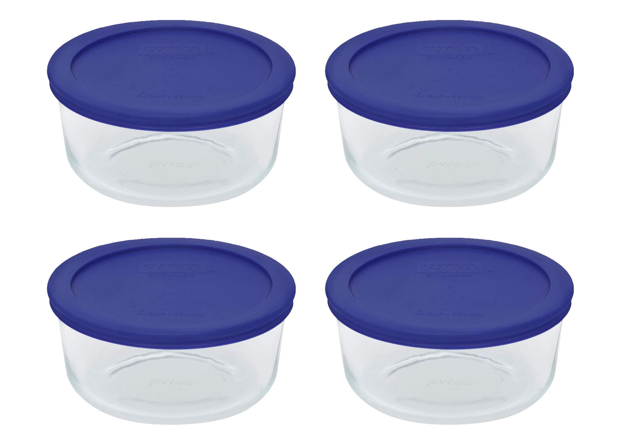 Pyrex 7201 (4-Cup) Glass Bowls & Cadet Blue Lids (4-Pack) - Made in USA
