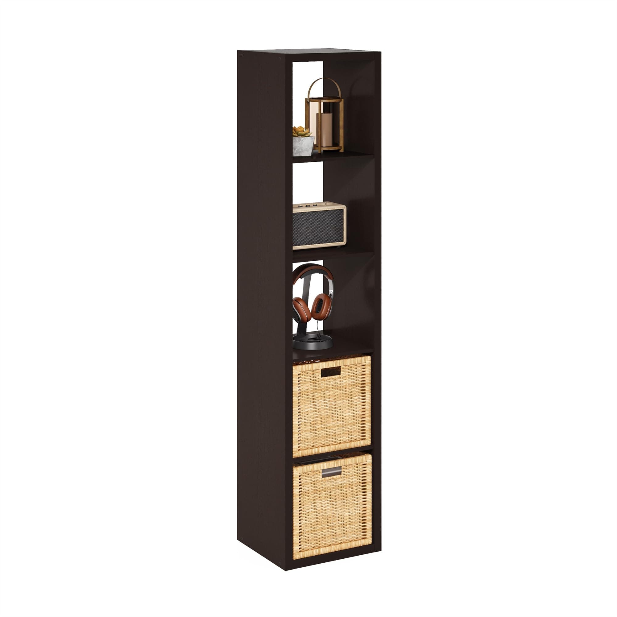 Furinno Cubicle 5-Cube Book Shelf, Extra Thick Frame Bookshelf, Dark Oak