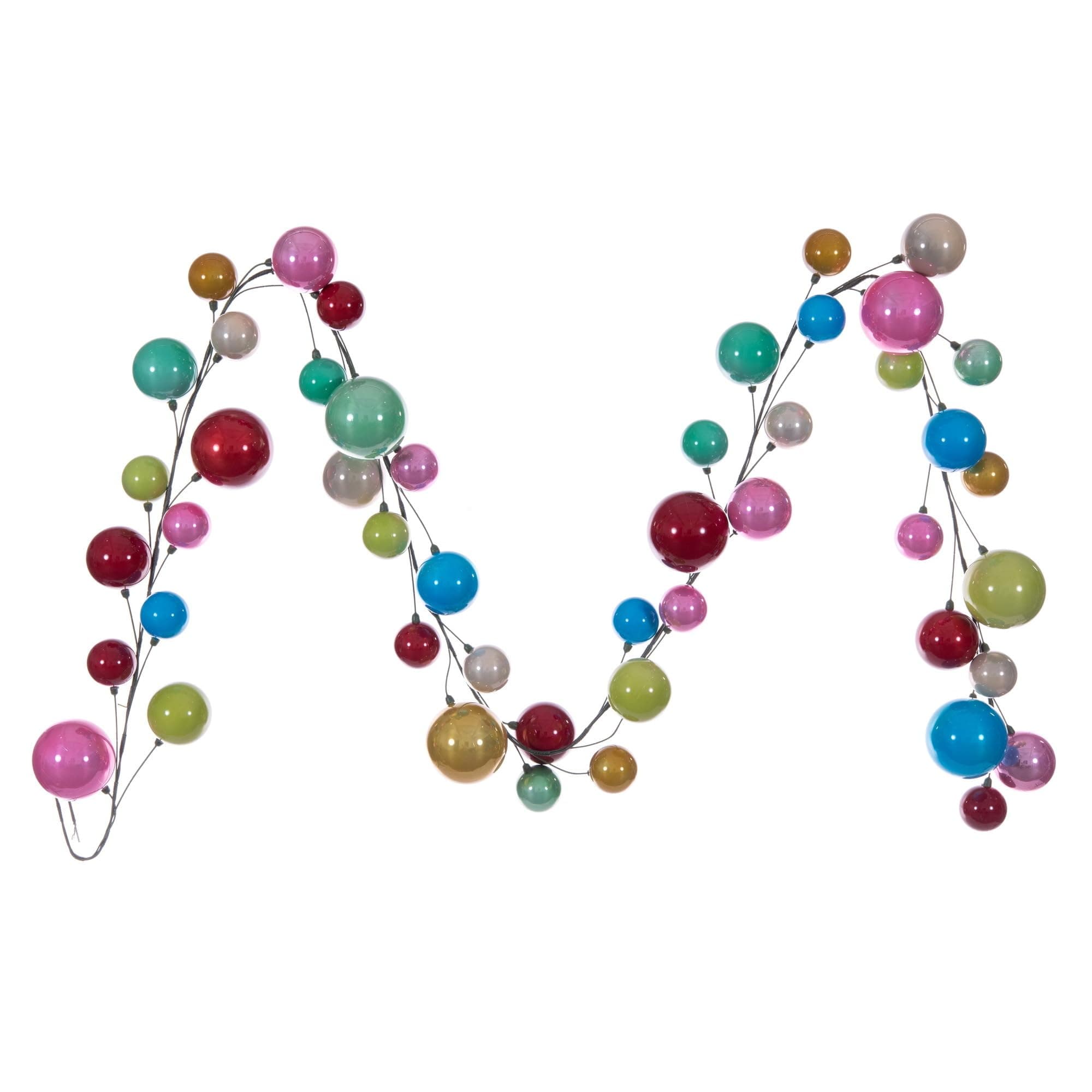 Vickerman 10' Multicolor Ball Branch Garland. It has: Twenty-six 2.4-inch, Fourteen 3-inch, and Eight 4-inch Ornaments, for a Total of Forty-Eight on the Garland.