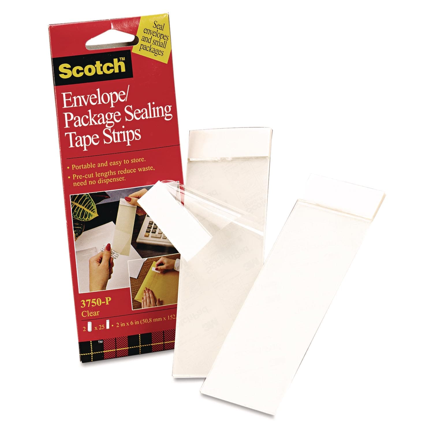 Scotch 3750P2CR Envelope/Package Sealing Tape Strips, 2" x 6", Clear, 50/Pack