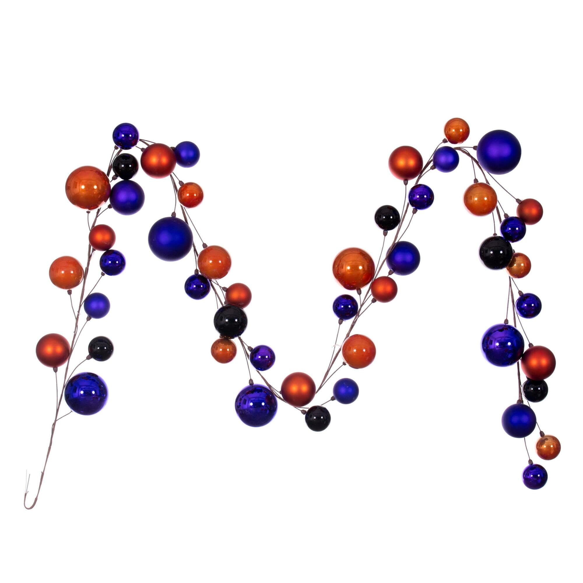 Vickerman 10' Purple, Orange, and Black Assorted Finish Branch Ball Ornament Garland.