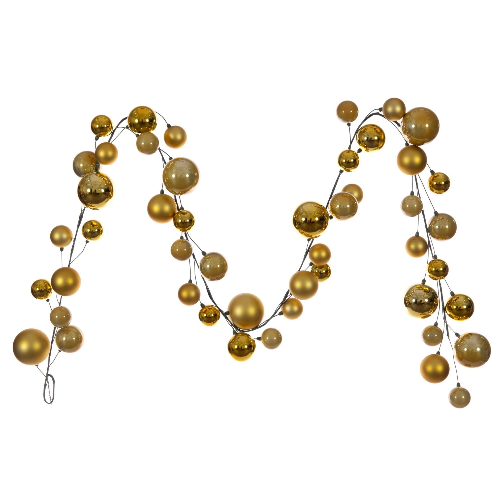 Vickerman 10' Gold Ball Branch Garland. It has: Twenty-six 2.4-inch Ornaments, Fourteen 3-inch Ornaments, and Eight 4-inch Ornaments, for a Total of Forty-Eight Ornaments on The Garland.