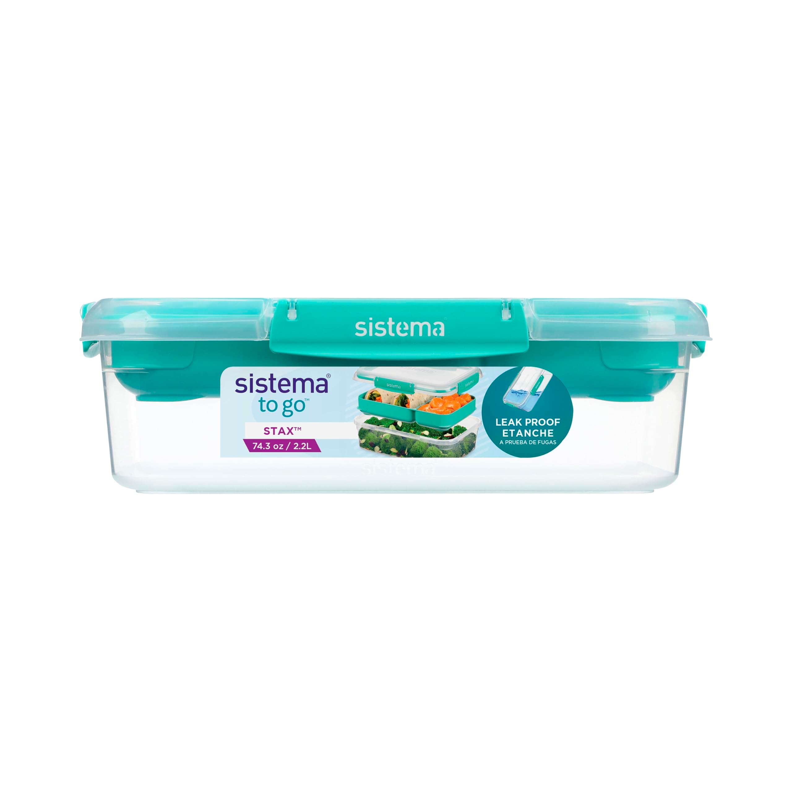 Sistema Stax To Go 2.2L Rectangular Food Storage Container, Airtight, Leakproof, Bento Box Style with Double Tray, Made with Food Grade Material, Blue or Teal