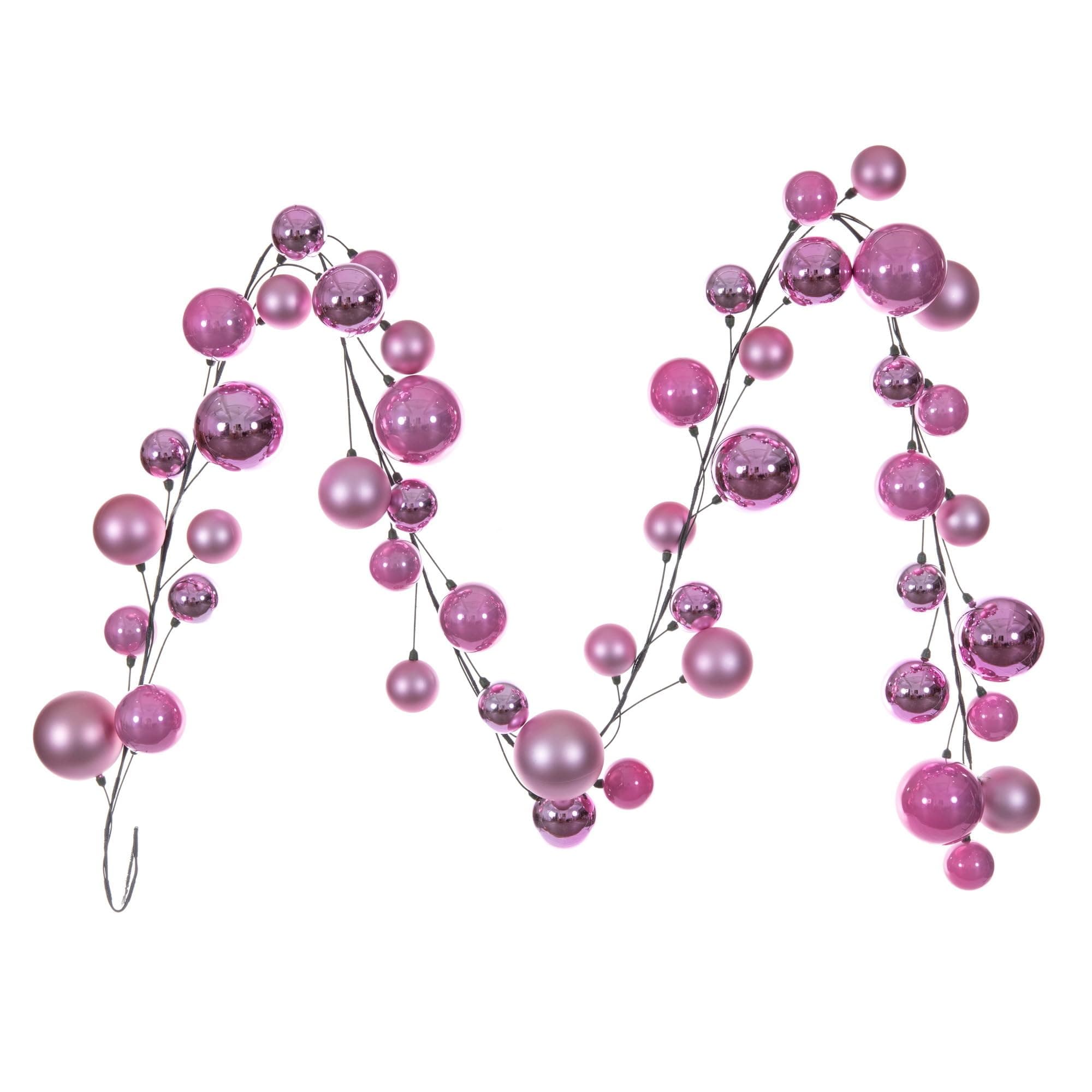 Vickerman 10' Pink Ball Branch Garland. It has: Twenty-six 2.4-inch, Fourteen 3-inch, and Eight 4-inch Ornaments, for a Total of Forty-Eight on the Garland.