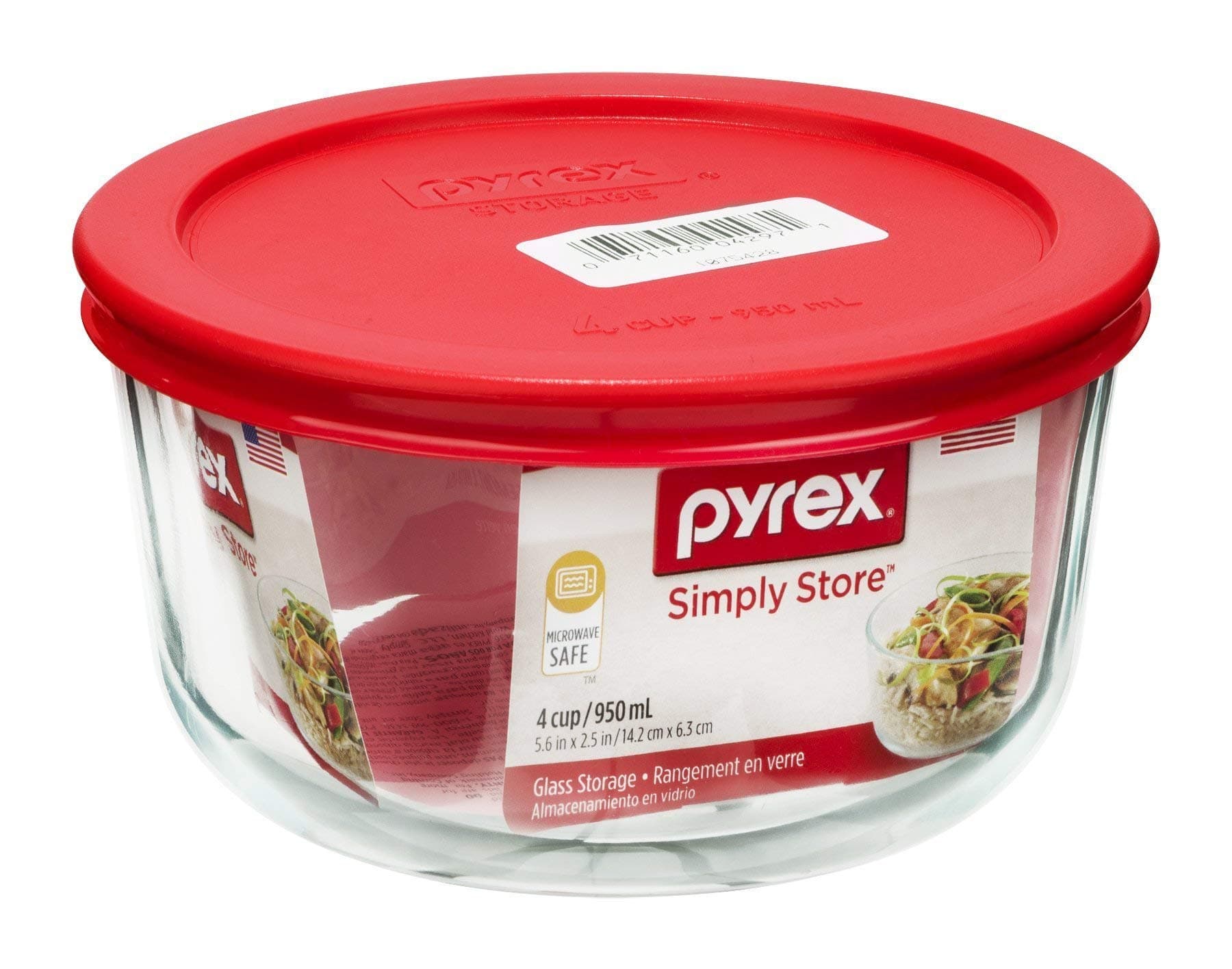 Pyrex Simply Store 4 Cup Glass Food Storage Container, BPA-Free Lids