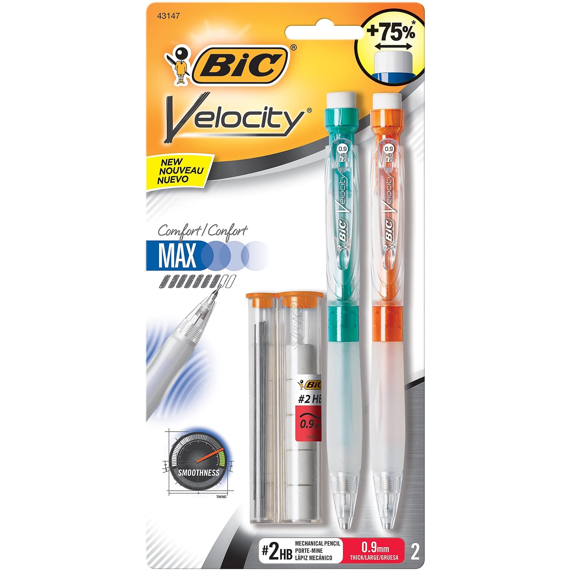 BIC Velocity Max Mechanical Pencils, With Colourful Barrel, Medium Point (0.9 mm), 2-Count Pack Mechanical Pencils With Erasers and Lead Refills