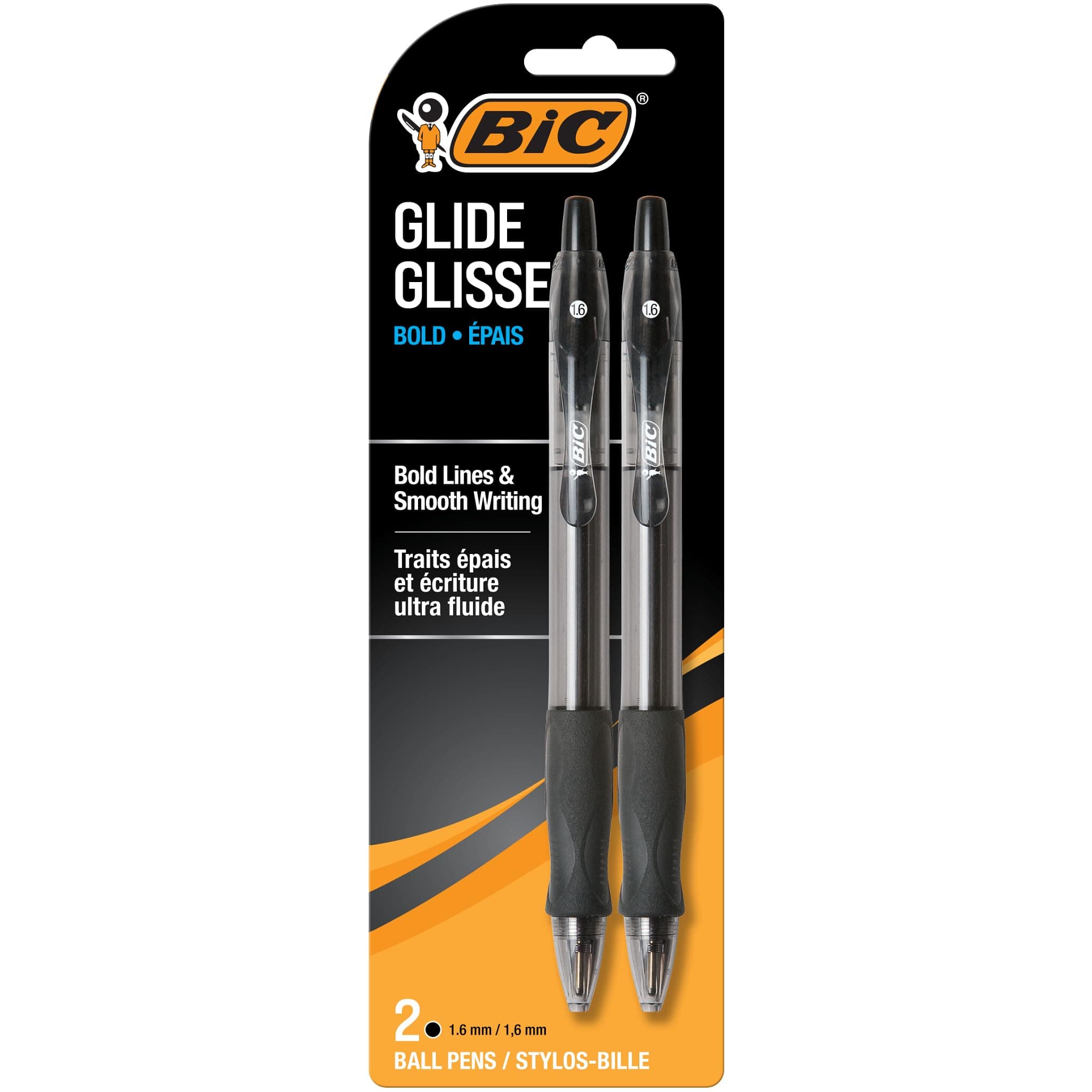 BIC Glide Bold Black Ballpoint Pens, Bold Point, 1.6mm, 2-Count Pack