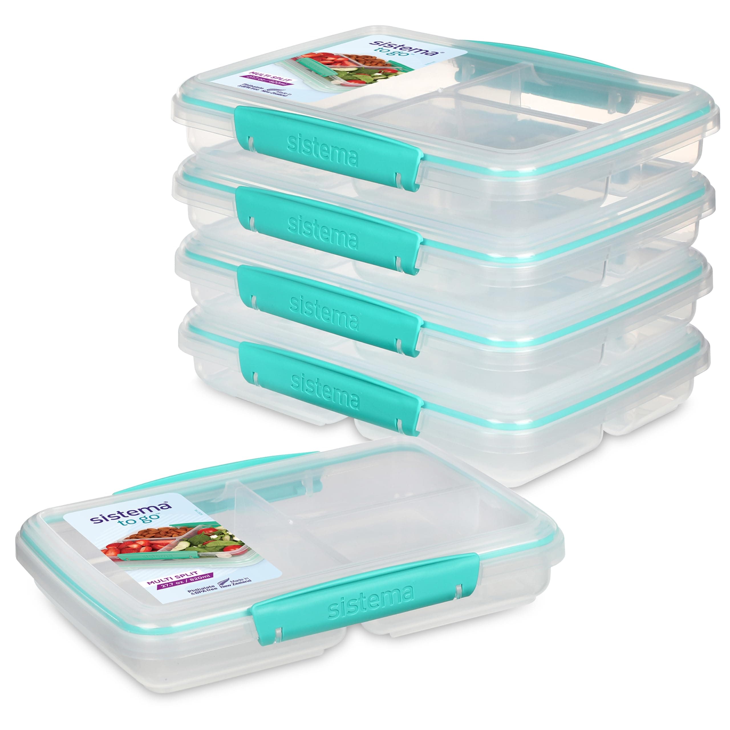 Sistema to Go 820mL Multi-Split Meal & Food Prep Containers, 5-Pack, Freezer, Microwave, & Dishwasher-Safe, BPA-Free