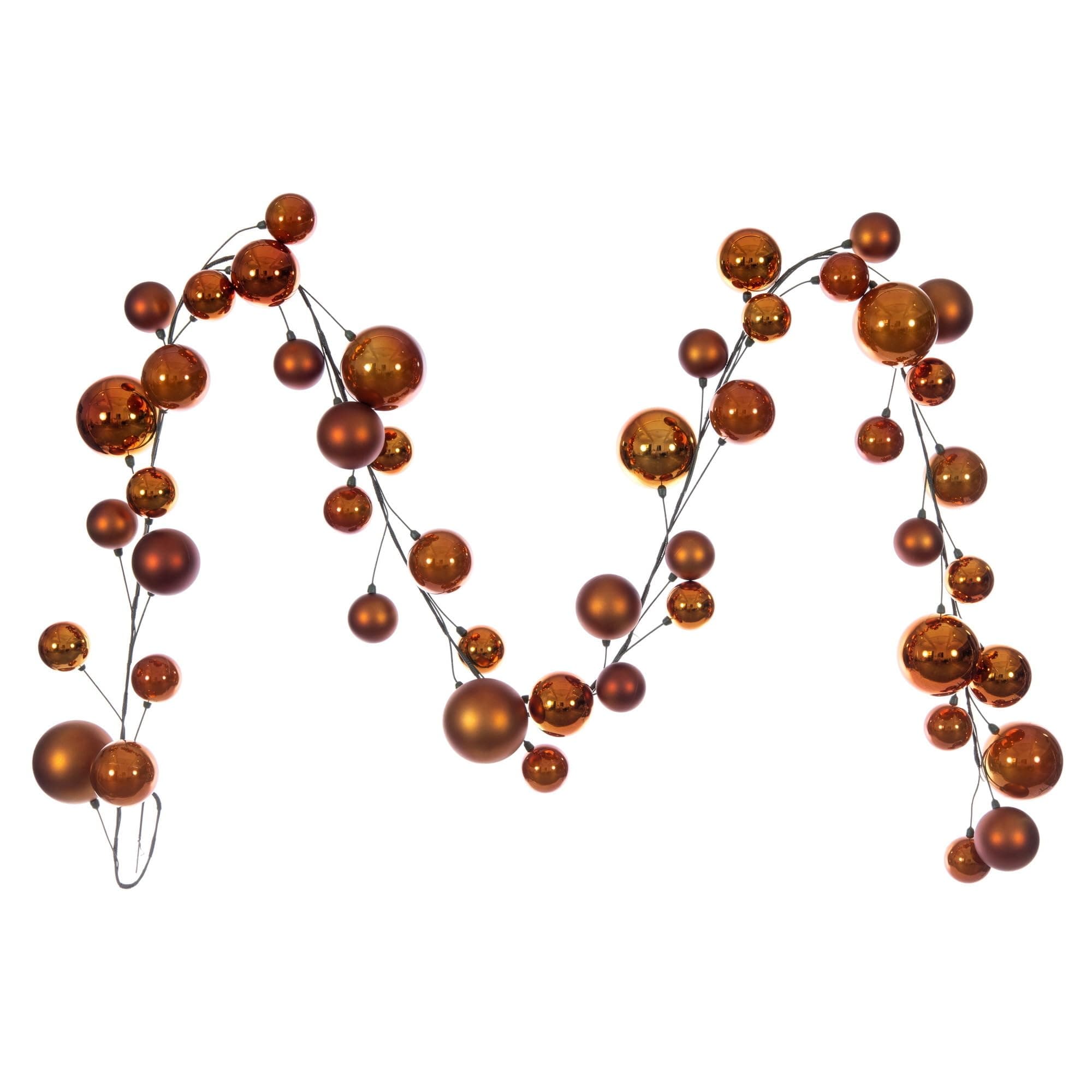 Vickerman 10' Copper Ball Branch Garland. It has: Twenty-six 2.4-inch, Fourteen 3-inch, and Eight 4-inch Ornaments, for a Total of Forty-Eight on the Garland.