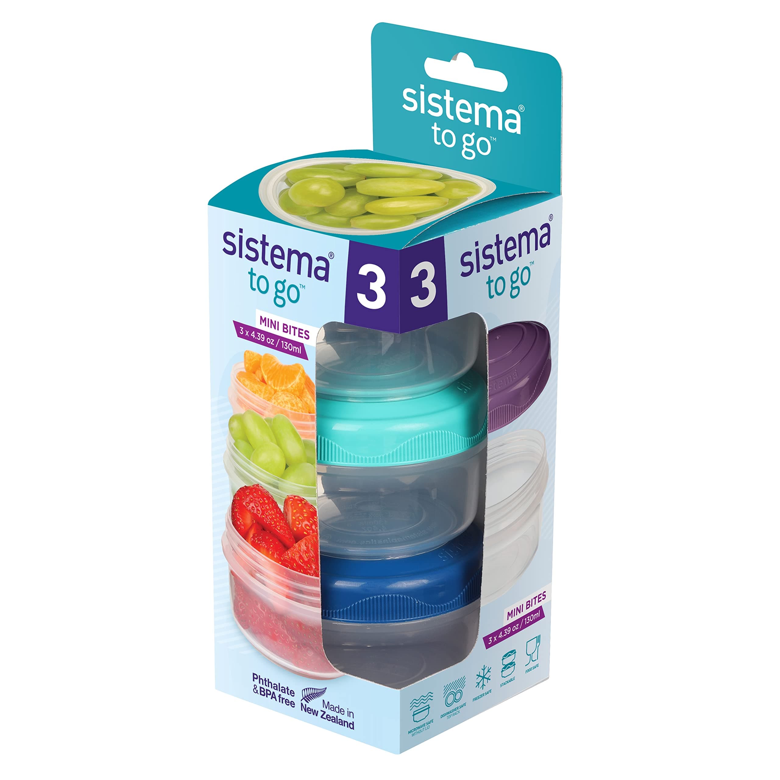 Sistema Snack Pots, Mini Bites TO GO Food Storage Containers, 130 ml, Stackable Snack Boxes with Lids, BPA Free, Pack of 3