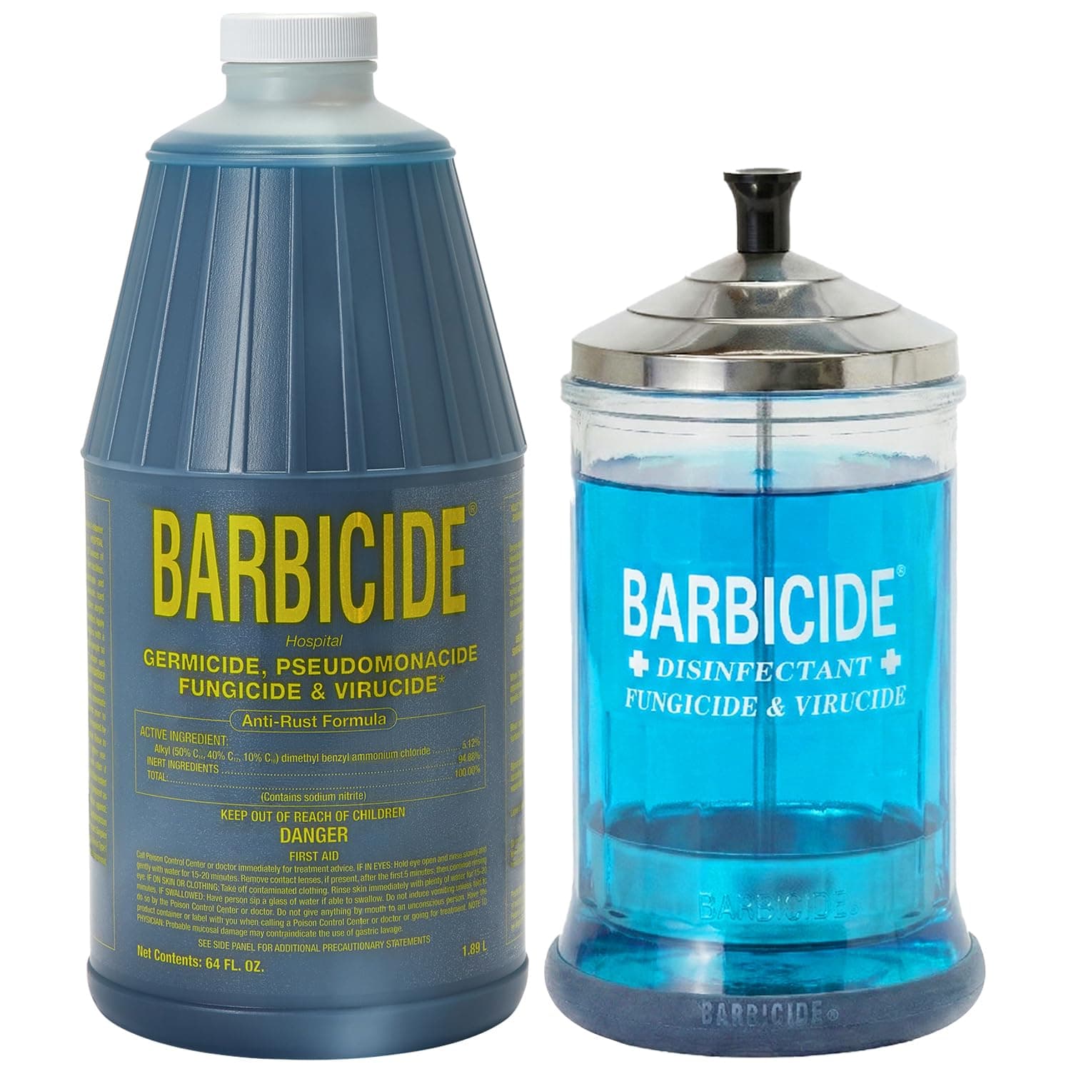 BARBICIDE Disinfectant Jar and Concentrate Starter Set (21 Oz Jar +64 Fl Oz)– Professional Salon, Spa & Barber Tool Sanitizing Kit