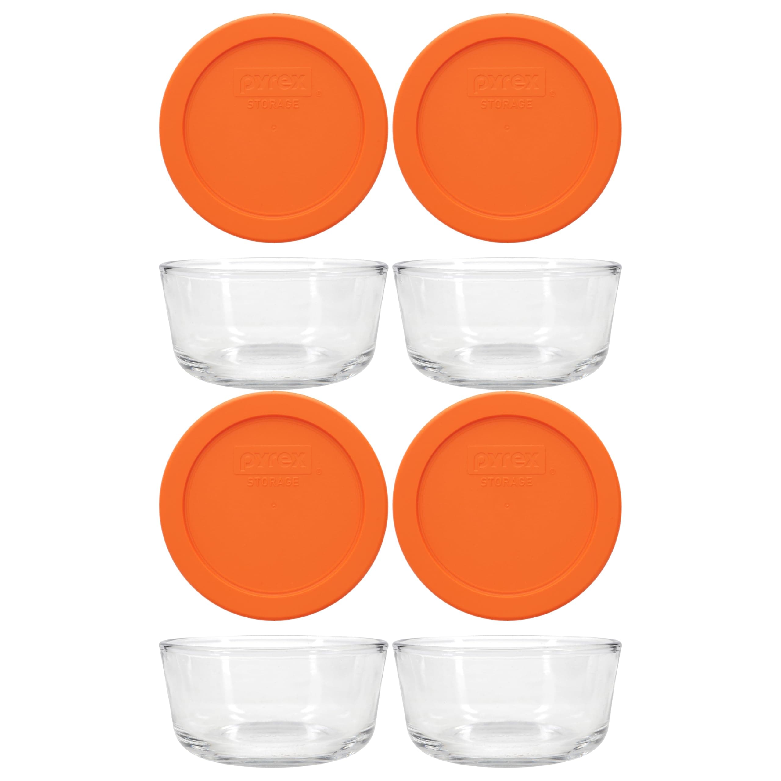 Pyrex 7200 (2-Cup) Glass Bowls With Orange Lids (4-Pack) - Made in USA