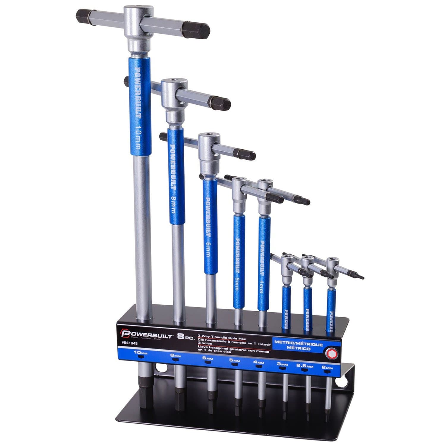 Powerbuilt 8 Pc Metric T-Handle Hex Allen Key Wrench Set w/Speed Sleeves for Fast Spinning Action, Sliding Top Handle for “T” or “L” Shape, Long Shafts, Storage Rack, Auto, Bicycle, Moto - 941645