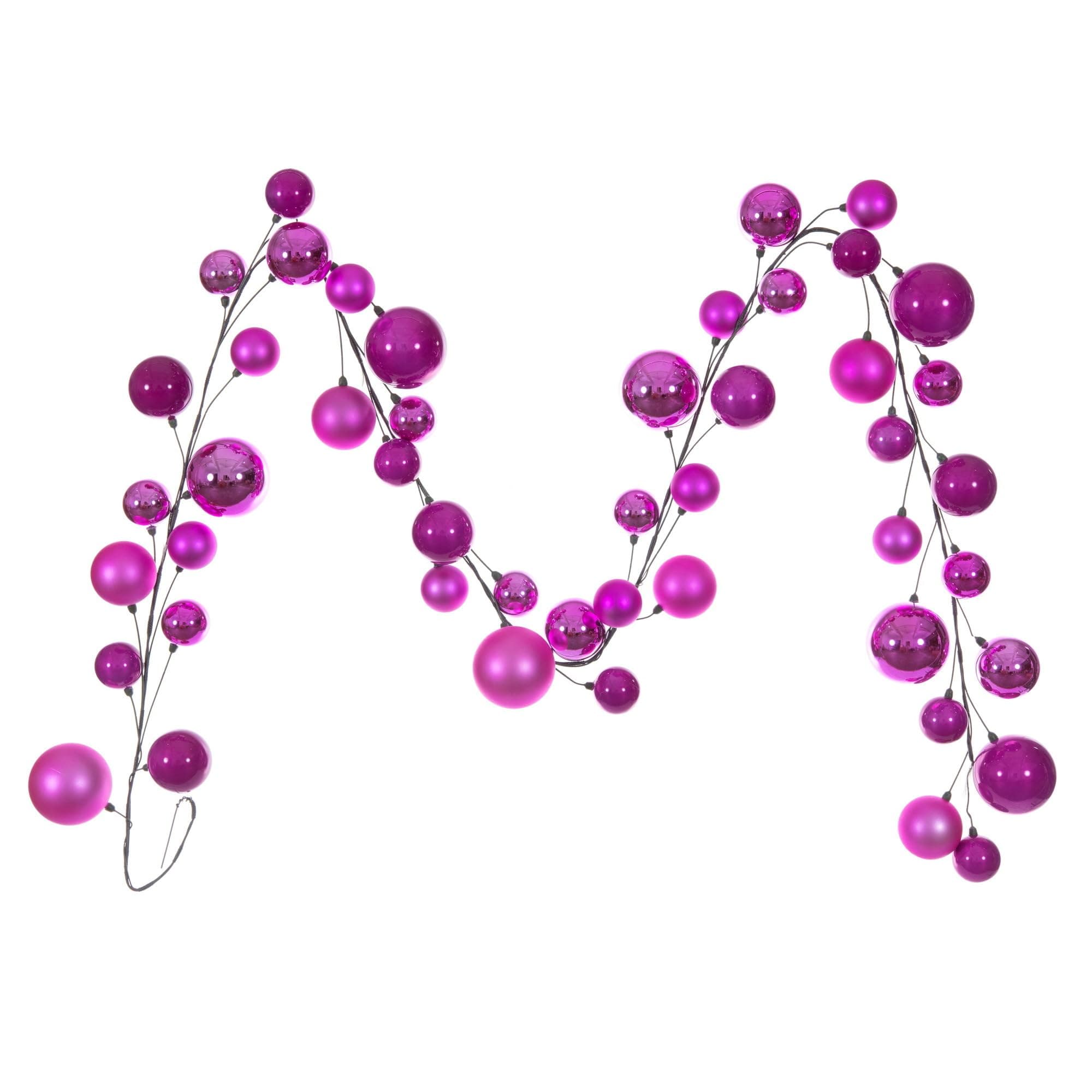 Vickerman 10' Hot Pink Ball Branch Garland. It has: Twenty-six 2.4-inch, Fourteen 3-inch, and Eight 4-inch Ornaments, for a Total of Forty-Eight on the Garland.