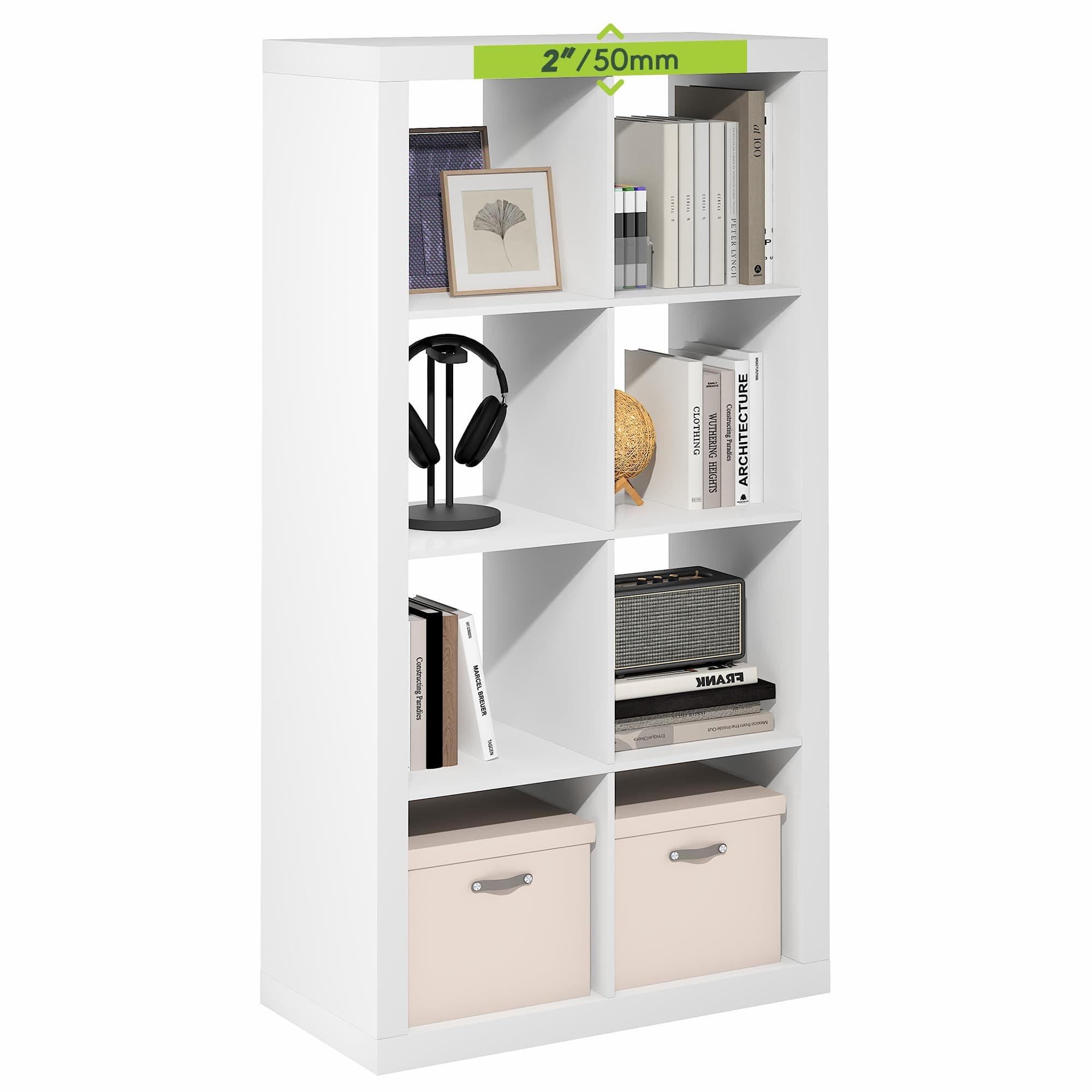 Furinno Cubicle Book Shelf, 8-Cube 2-Inch Super Thick Frame Bookshelf, Reversible Bookcase, Cube Storage Organizer with Open Back, 15.4 x 30.8 x 57.5, for Living Room, Bedroom, Home Office, White