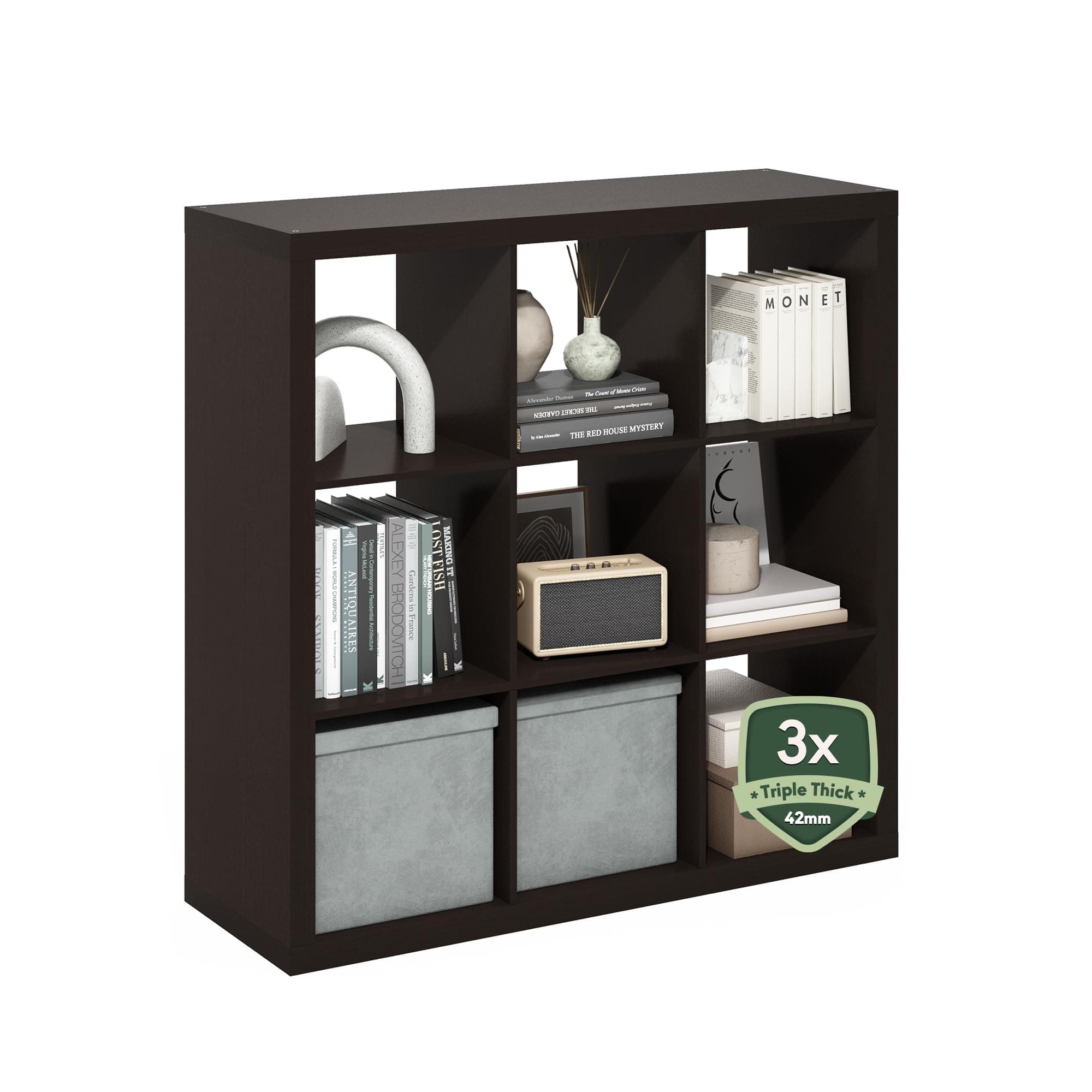 Furinno Cubicle Book Shelf, 9-Cube Bookshelf, Triple Thick Frame Cube Storage Organizer, 1.65" Bookcase, 15.4" x 43.8" x 43.4", for Home Office, Living Room, Black Oak