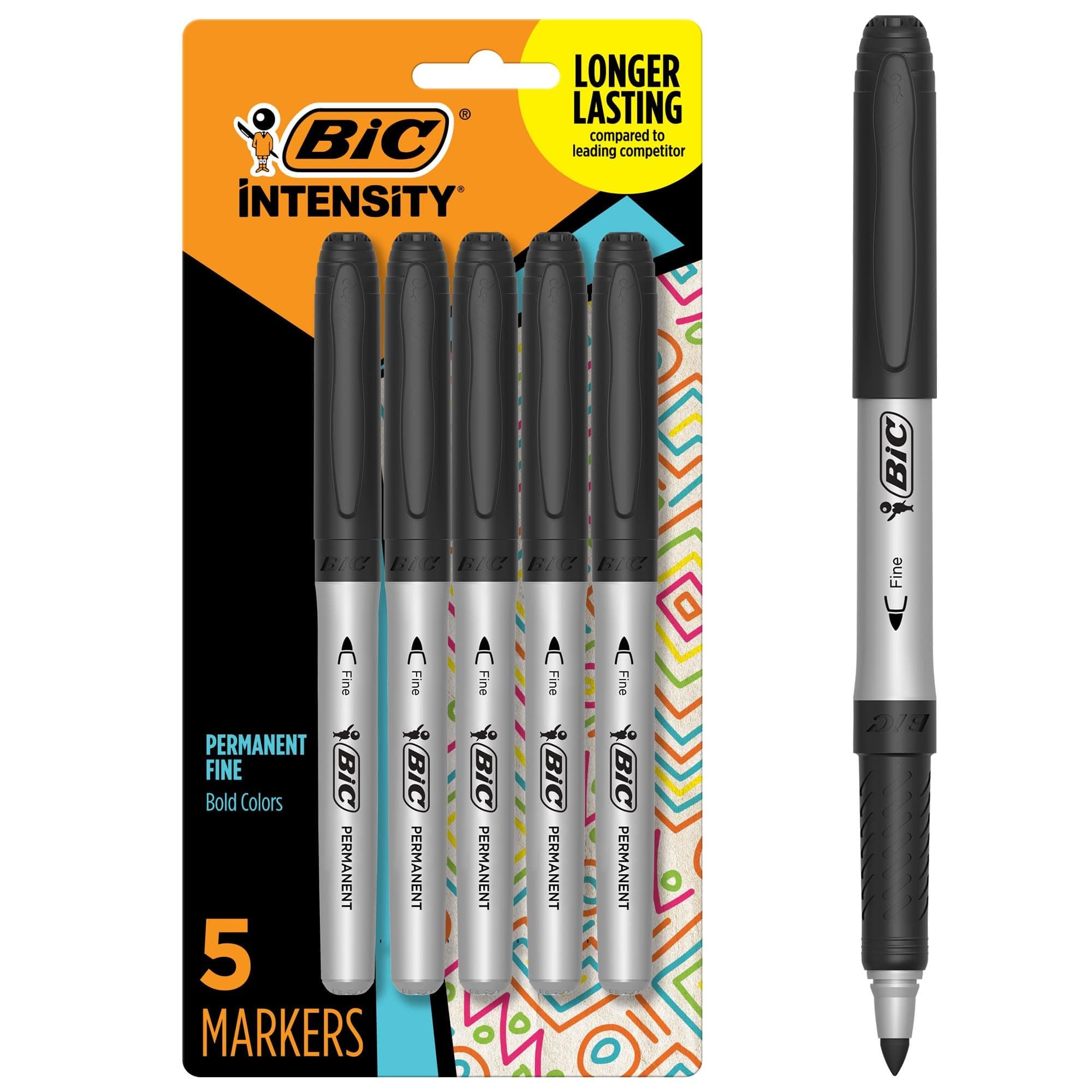 BIC Intensity Black Permanent Markers, Fine Point, 5-Count Pack of Black Markers With Non-Slip Grip for Comfort and Control