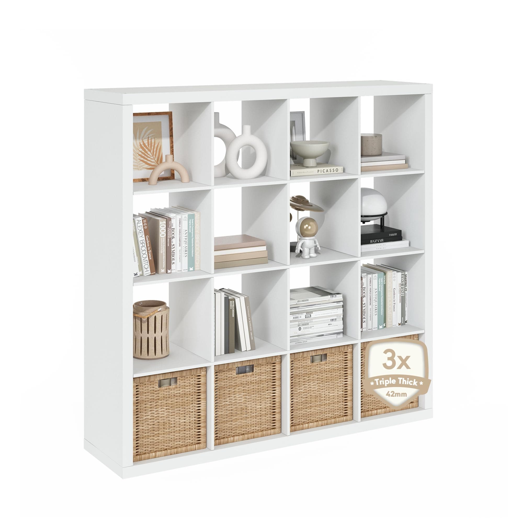 Furinno Cubicle Book Shelf, 16-Cube Bookshelf, Triple Thick Frame Cube Storage Organizer Bookcase, 1.65" Thick, 15.3 x 57.4 x 56.8, for Living Room, Bedroom, Home Office, White