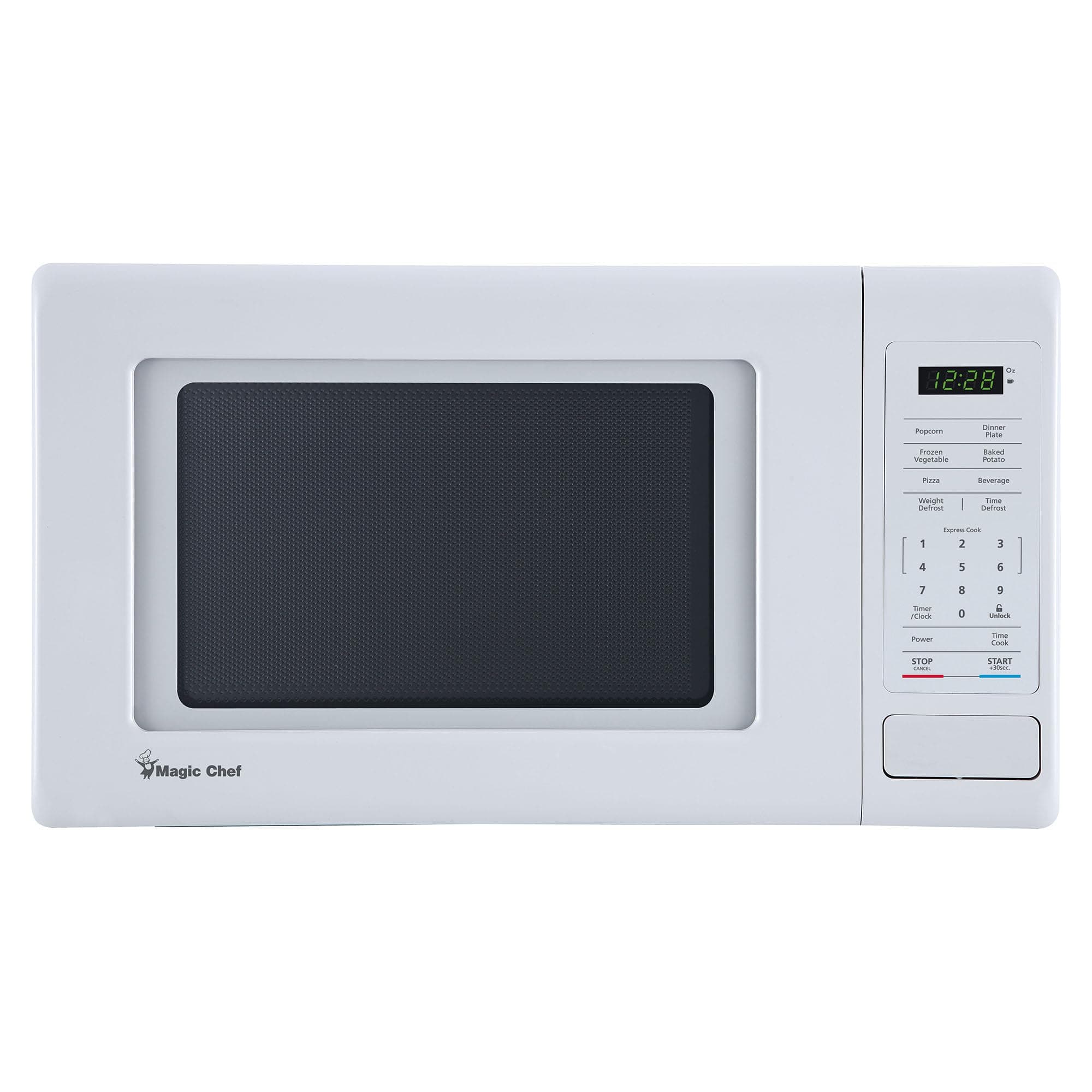 Magic Chef 0.9 Cubic Feet 900 Watt Small Stainless Countertop Microwave Oven for Compact Spaces w/ 6 Pre Programmed Cooking Modes, White