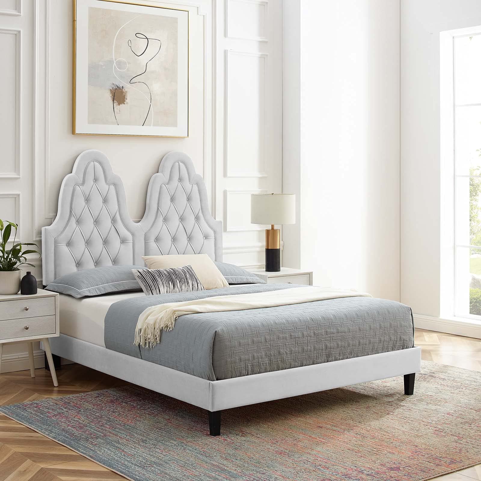 Modway Alexandria Tufted Performance Velvet Twin Platform Bed in Light Gray with Black Wood Legs